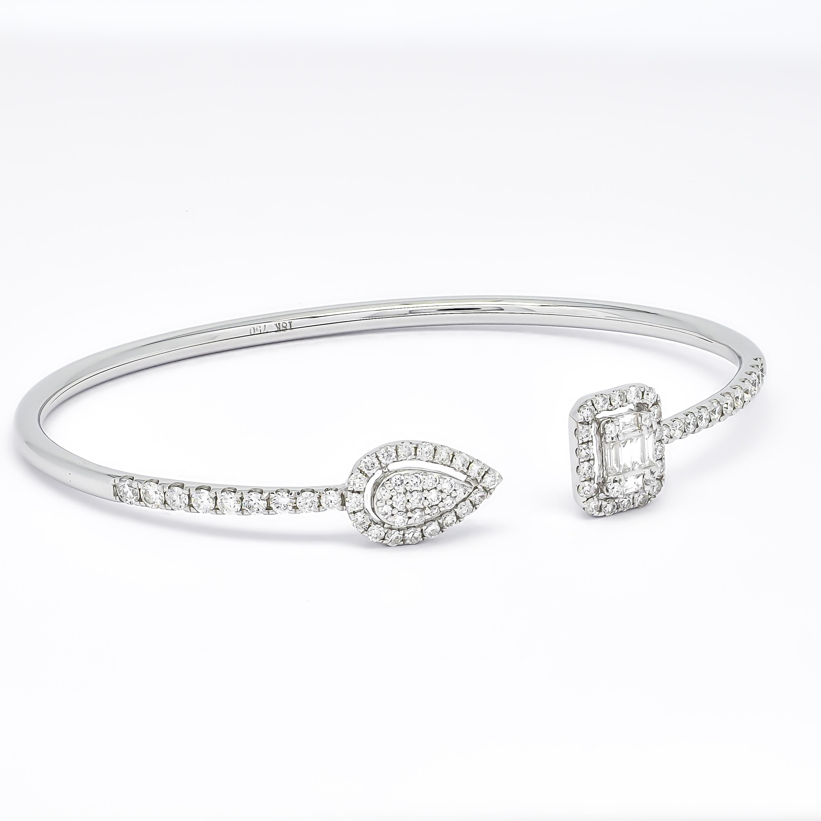 Taille baguette Bracelet jonc pour femmes en or blanc 18 carats avec diamants naturels 1,15 carat en vente