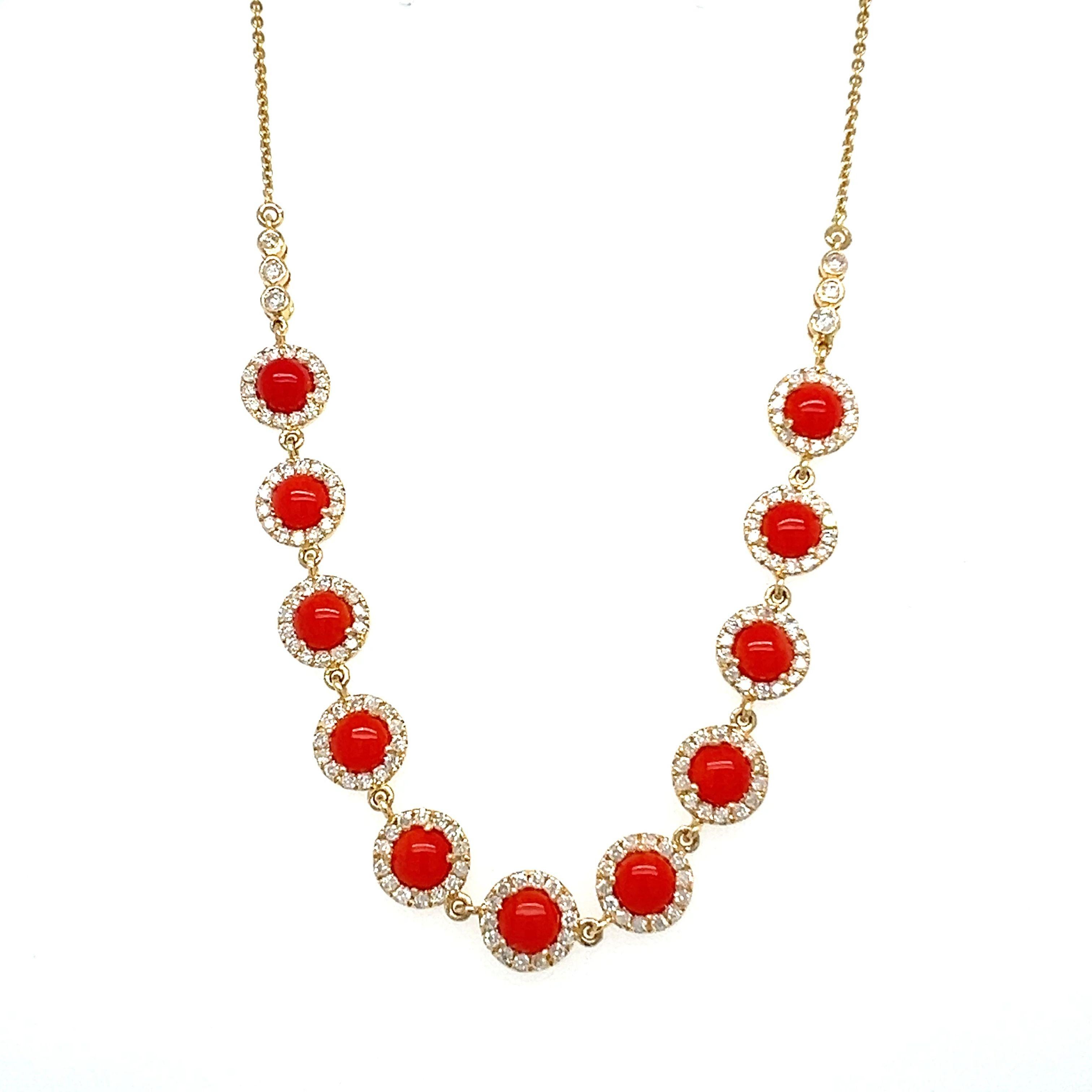 An 18-karat yellow gold necklace set with a natural 2.84-carat Coral and 1.04-carat diamonds. This lovely, sophisticated necklace with an adjustable catch. The necklace is 18 inches long, but you may modify the size to make it 16, 17, or 18 inches