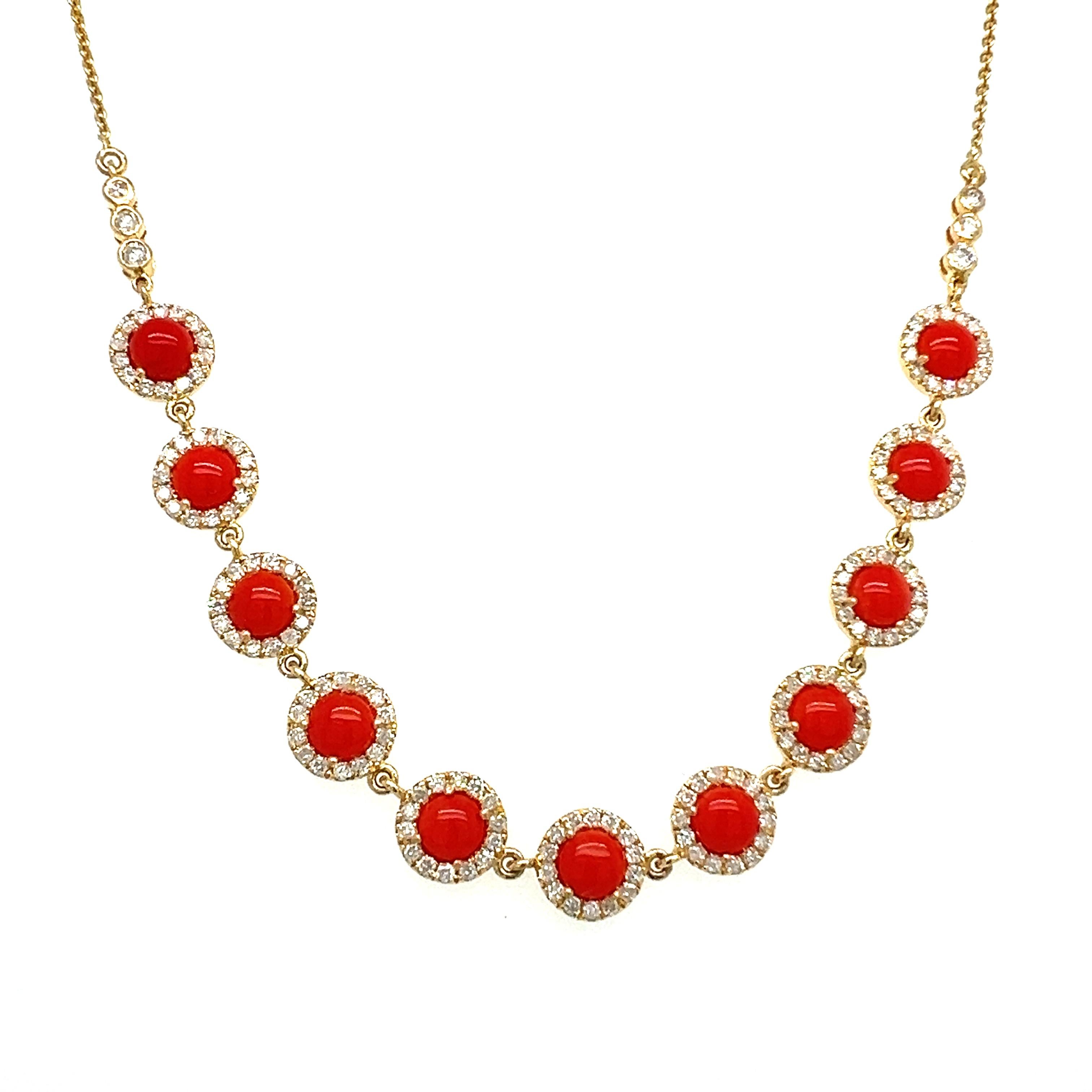 Round Cut  18 Kt gold natural Coral and diamond necklace