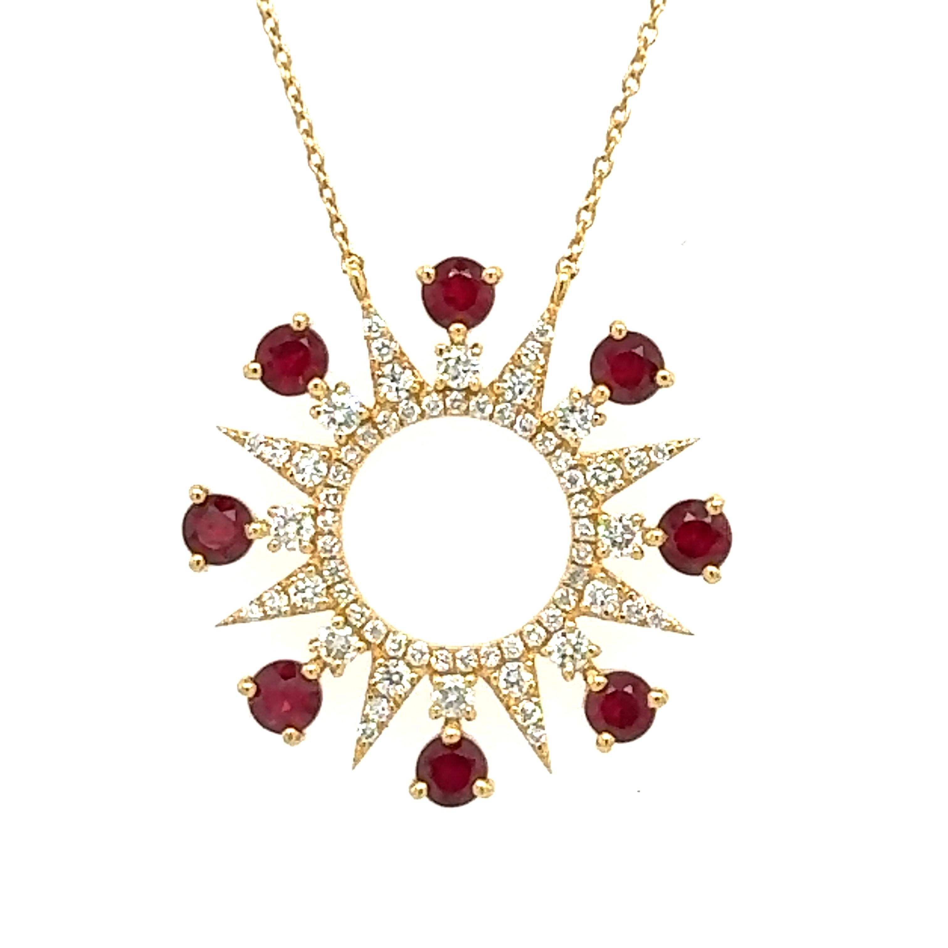 An 18-karat yellow gold necklace set with a natural 1.51-carat ruby and 0.74-carat diamonds. This lovely, sophisticated necklace with an adjustable catch. The necklace is 18 inches long, but you may modify the size to make it 16, 17, or 18 inches