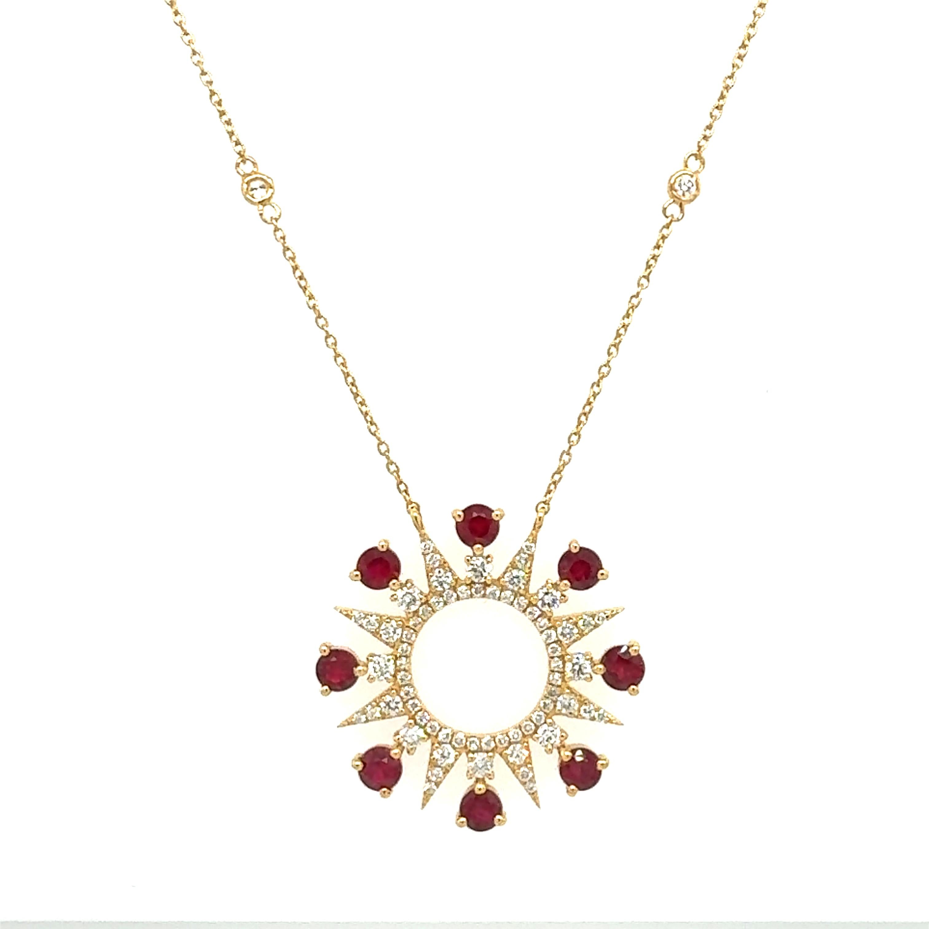 Round Cut 18 Kt gold natural Ruby and diamond gold necklace For Sale