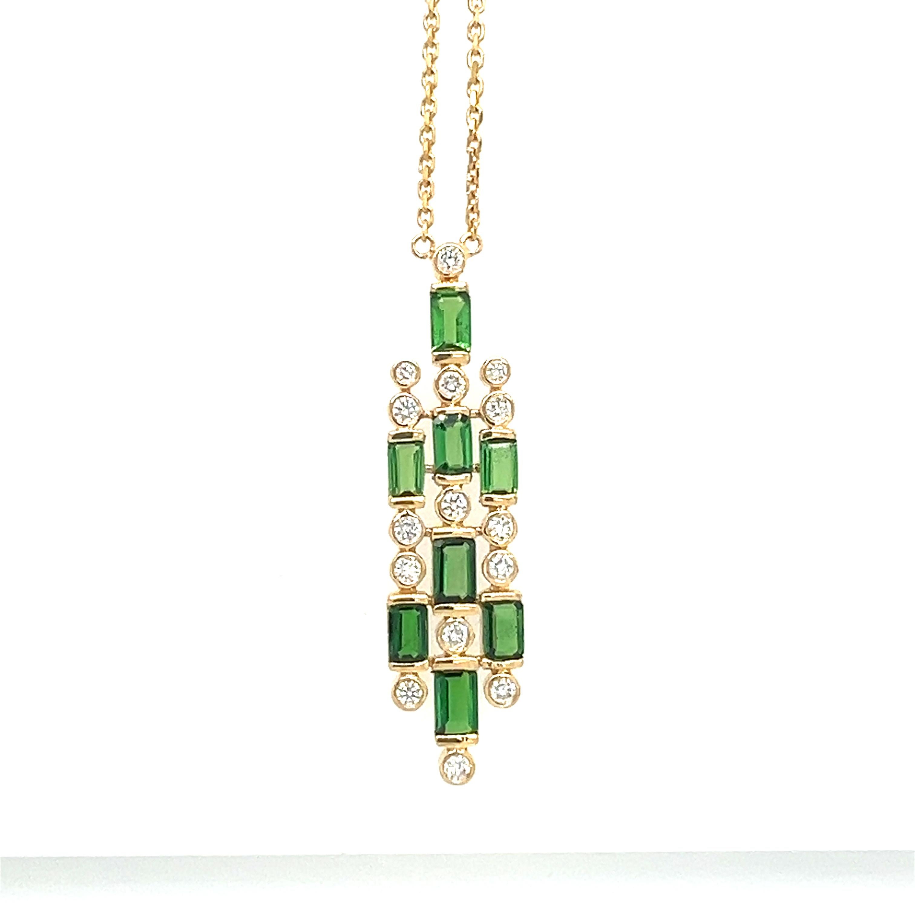 An 18-karat yellow gold necklace set with a natural 1.97-carat Tsavorite and 0.63-carat diamonds. This beautiful, sophisticated necklace with an adjustable catch. The necklace is 18 inches long, but you may modify the size to make it 16, 17, or 18