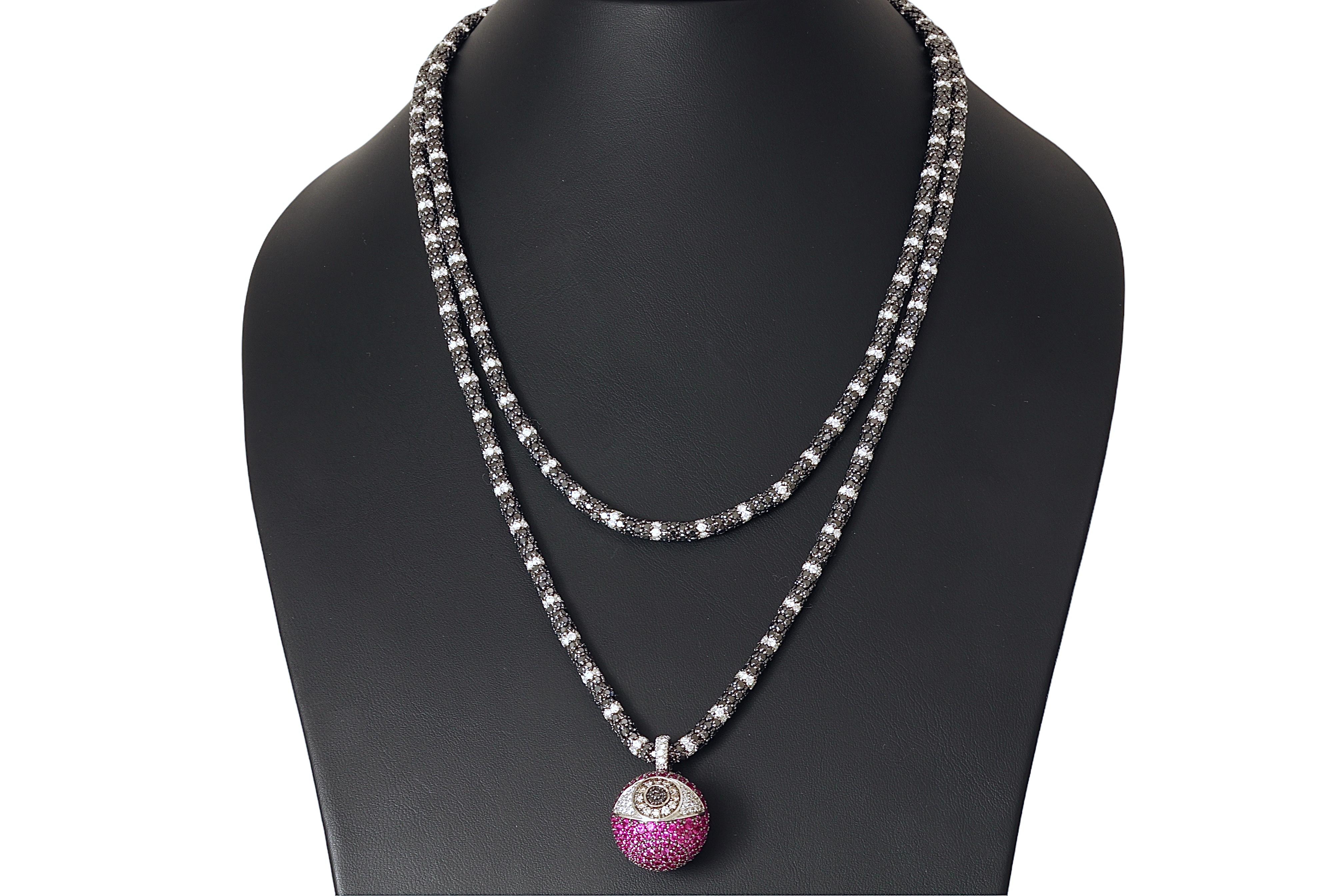 Artisan 18 Kt Gold Necklace & Pendant With 30 ct. Black & White Diamonds & Rubies For Sale