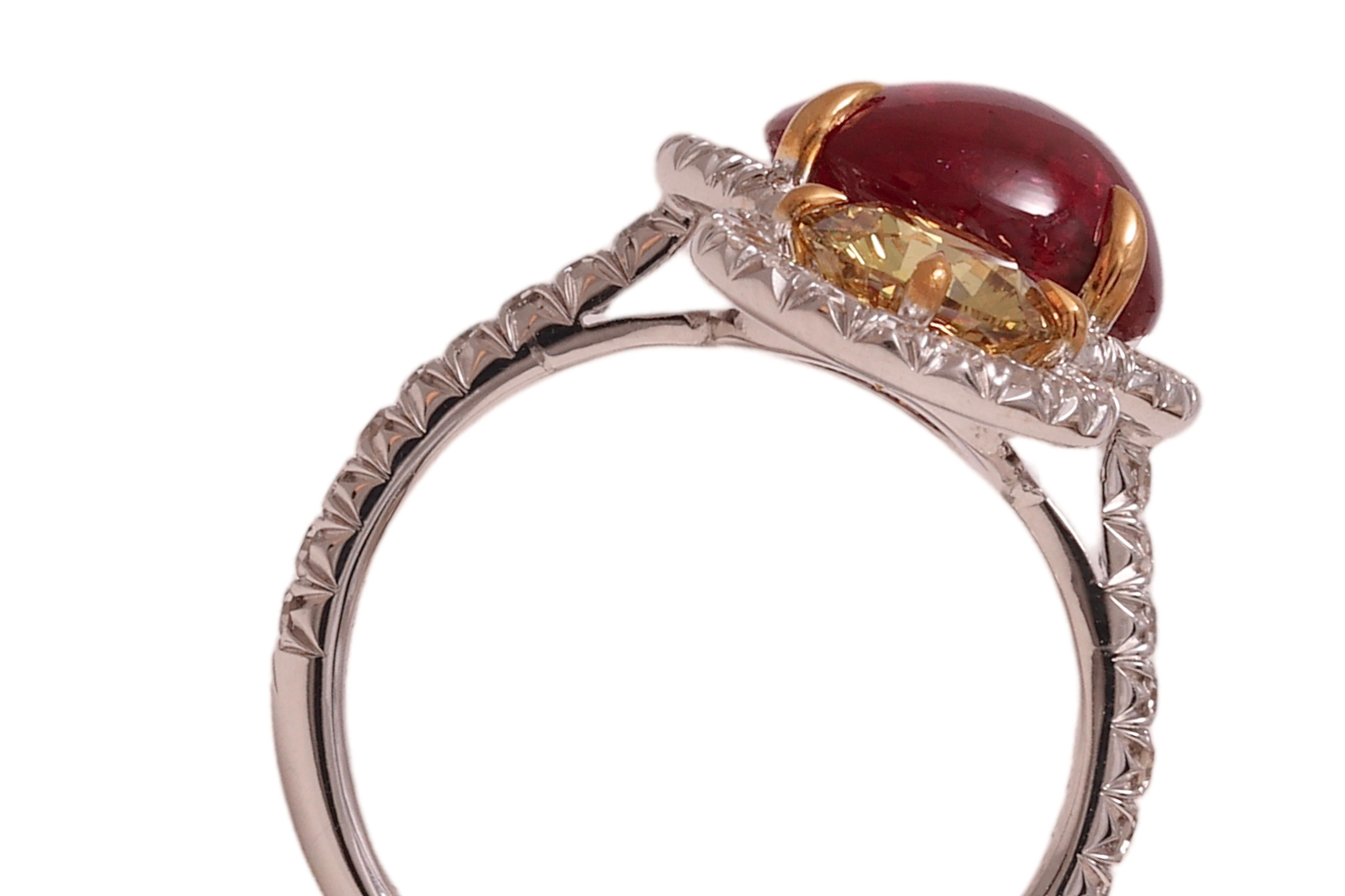 18 Kt Gold No Heat 6.15 Ct Burmese Ruby Cabochon & Intense Fancy Diamonds Ring For Sale 5
