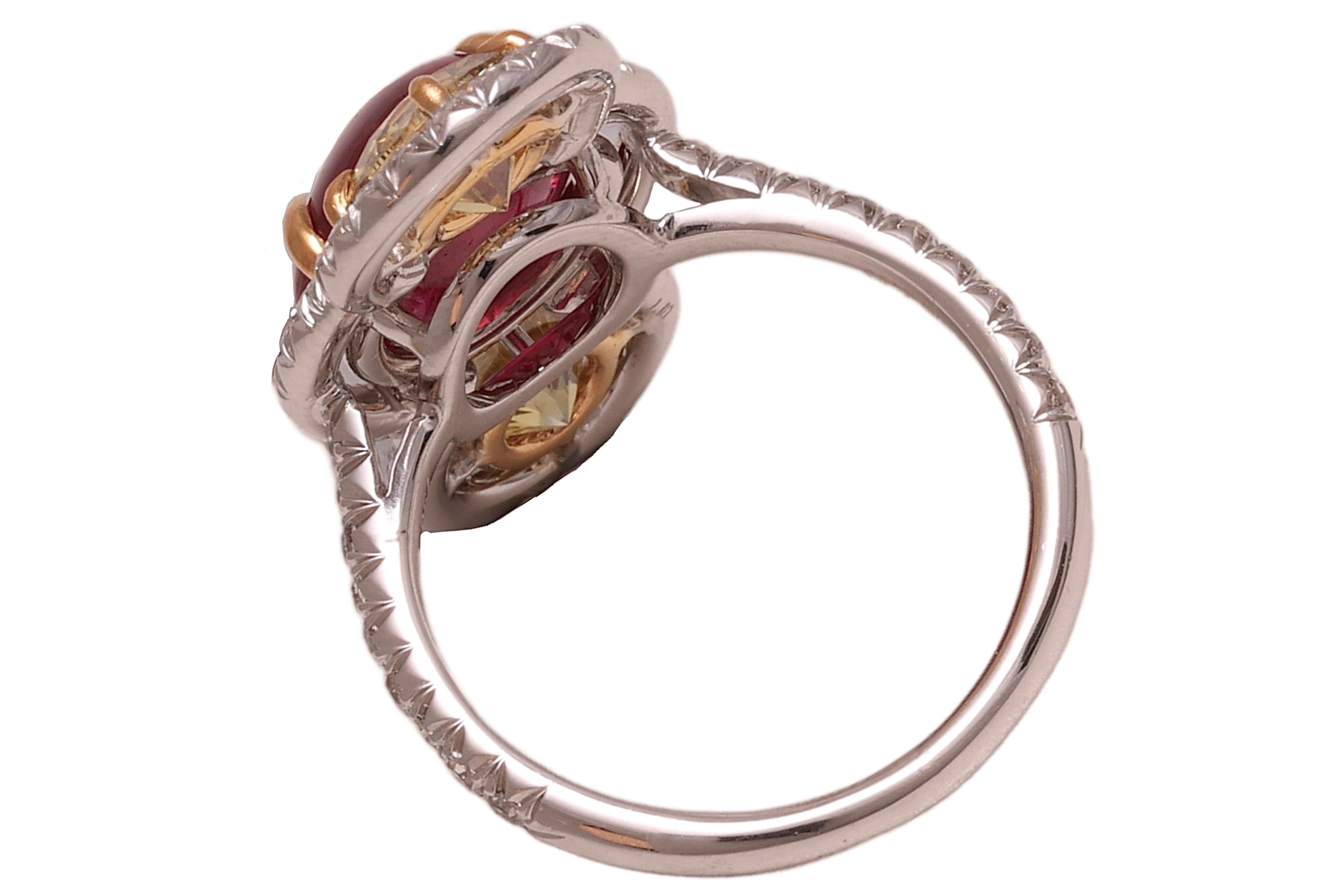 18 Kt Gold No Heat 6.15 Ct Burmese Ruby Cabochon & Intense Fancy Diamonds Ring For Sale 6