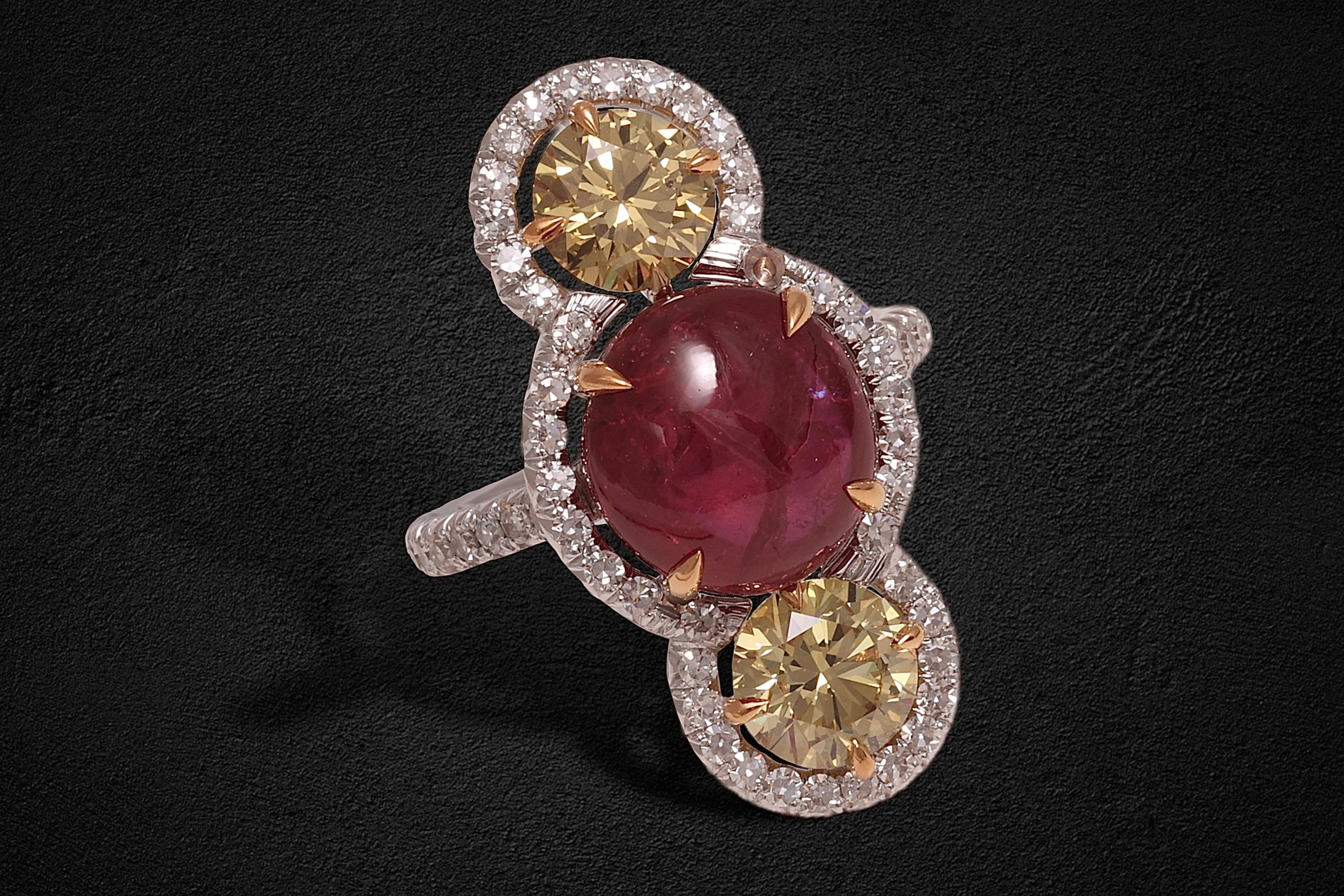 Artisan 18 Kt Gold No Heat 6.15 Ct Burmese Ruby Cabochon & Intense Fancy Diamonds Ring For Sale