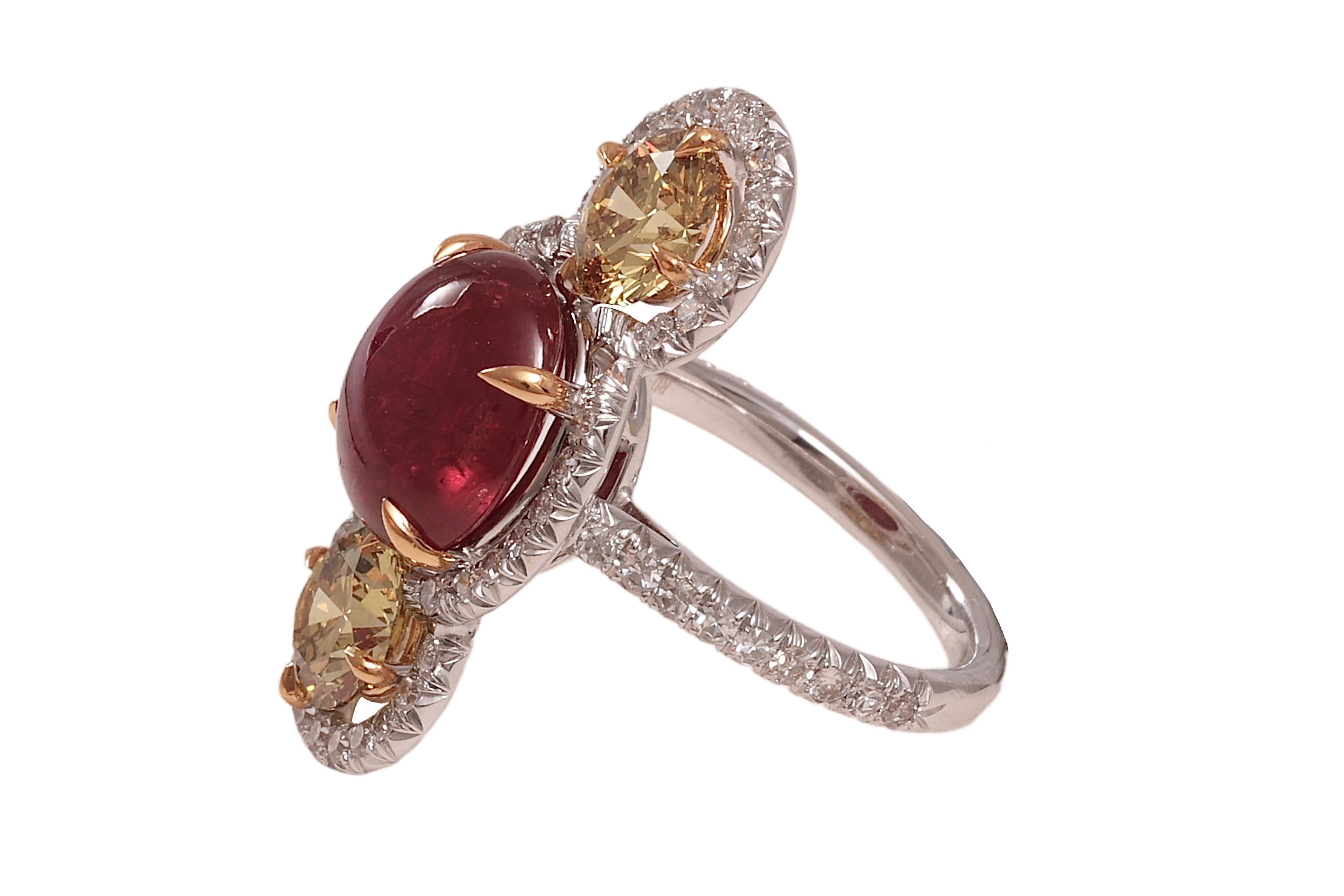 18 Kt Gold No Heat 6.15 Ct Burmese Ruby Cabochon & Intense Fancy Diamonds Ring For Sale 1