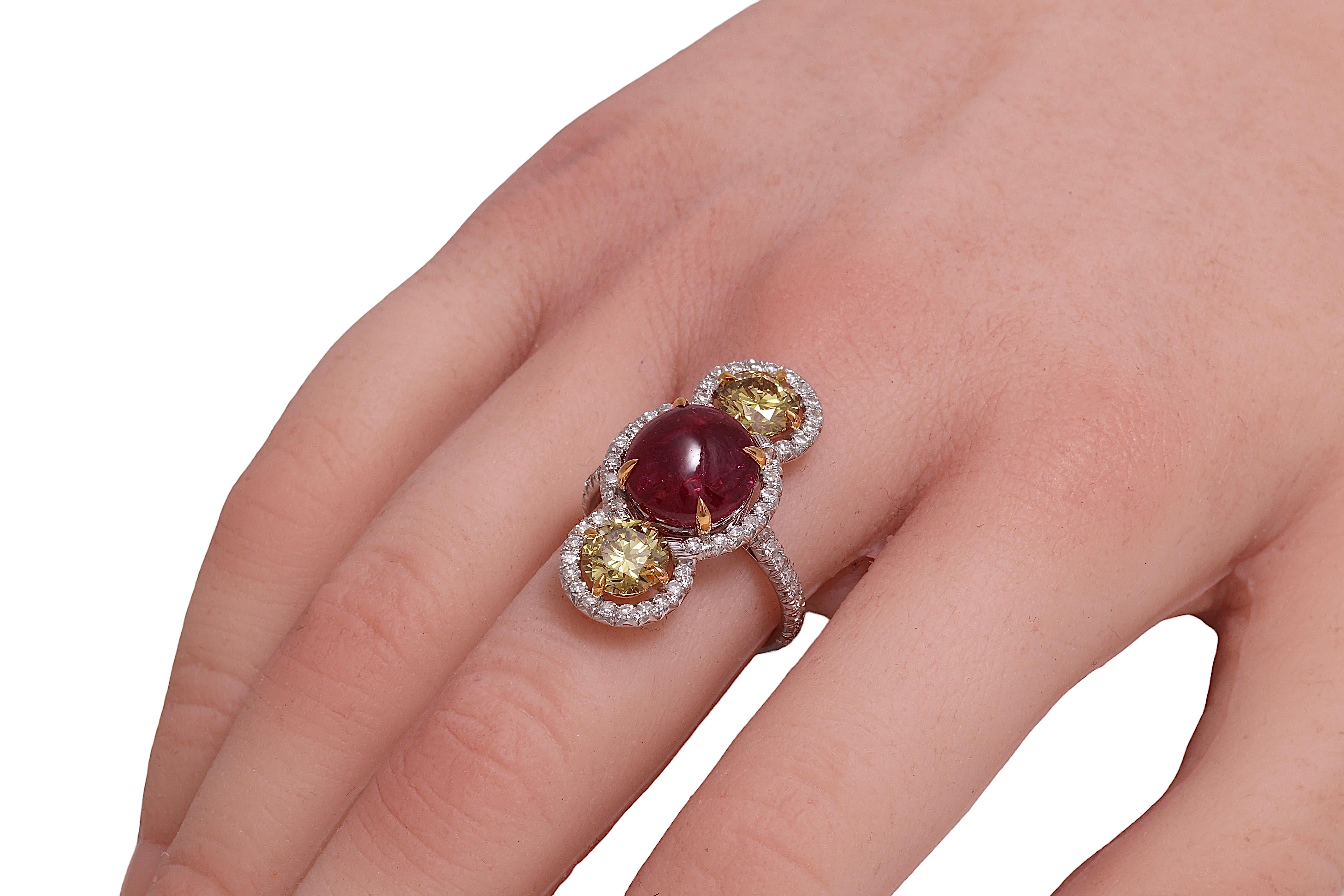 18 Kt Gold No Heat 6.15 Ct Burmese Ruby Cabochon & Intense Fancy Diamonds Ring For Sale 2