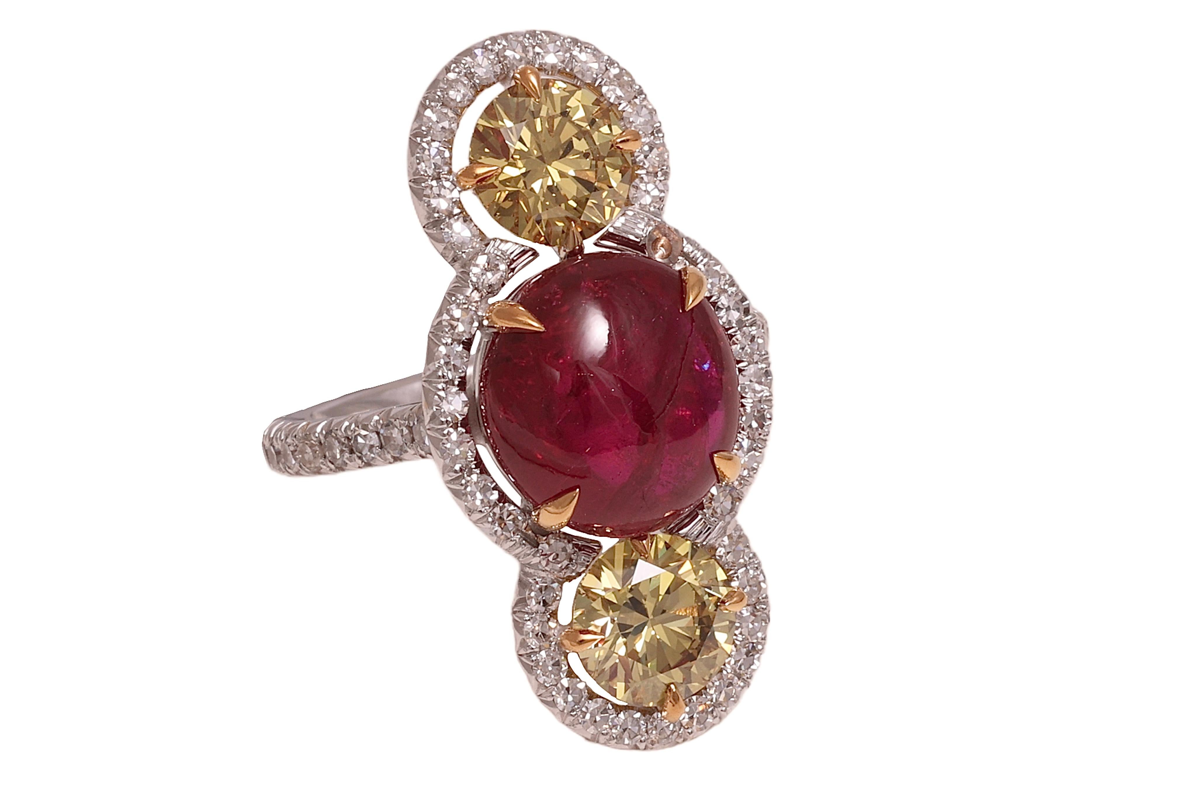18 Kt Gold No Heat 6.15 Ct Burmese Ruby Cabochon & Intense Fancy Diamonds Ring For Sale 4