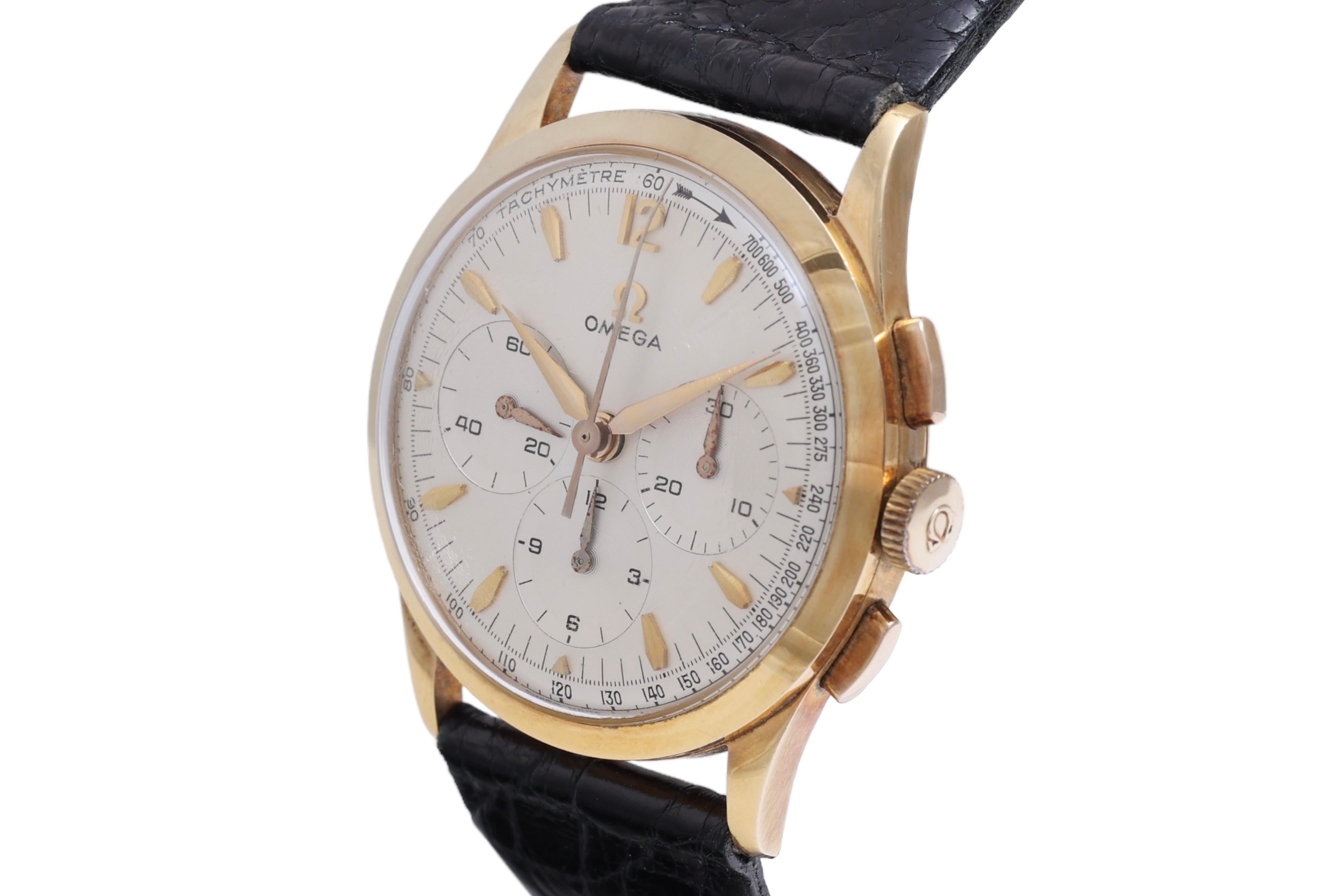 Omega Chronograph, Collectors in amazing condition ! Reference OT 2955 3

Movement : Mechanical Manual Winding Caliber 321

Case : 18 Kt solid Gold, 35 mm

Strap : Leather, Omega Gold Plated Buckle