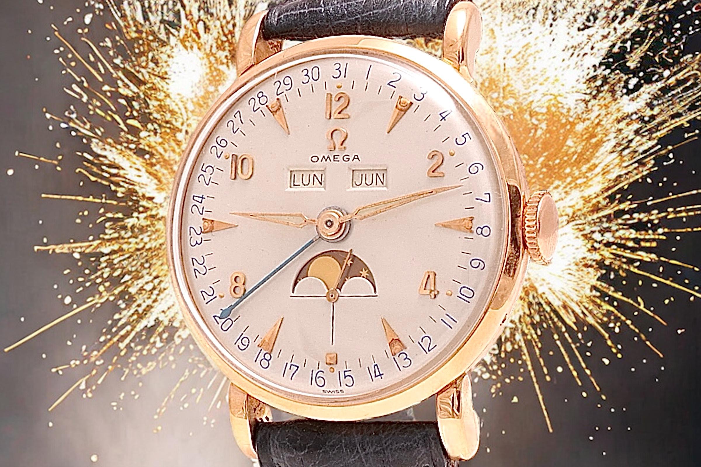 Orologio da polso da collezione Omega Cosmic Triple Date Moon Phase in oro 18 kt Ref 2473 in vendita 4
