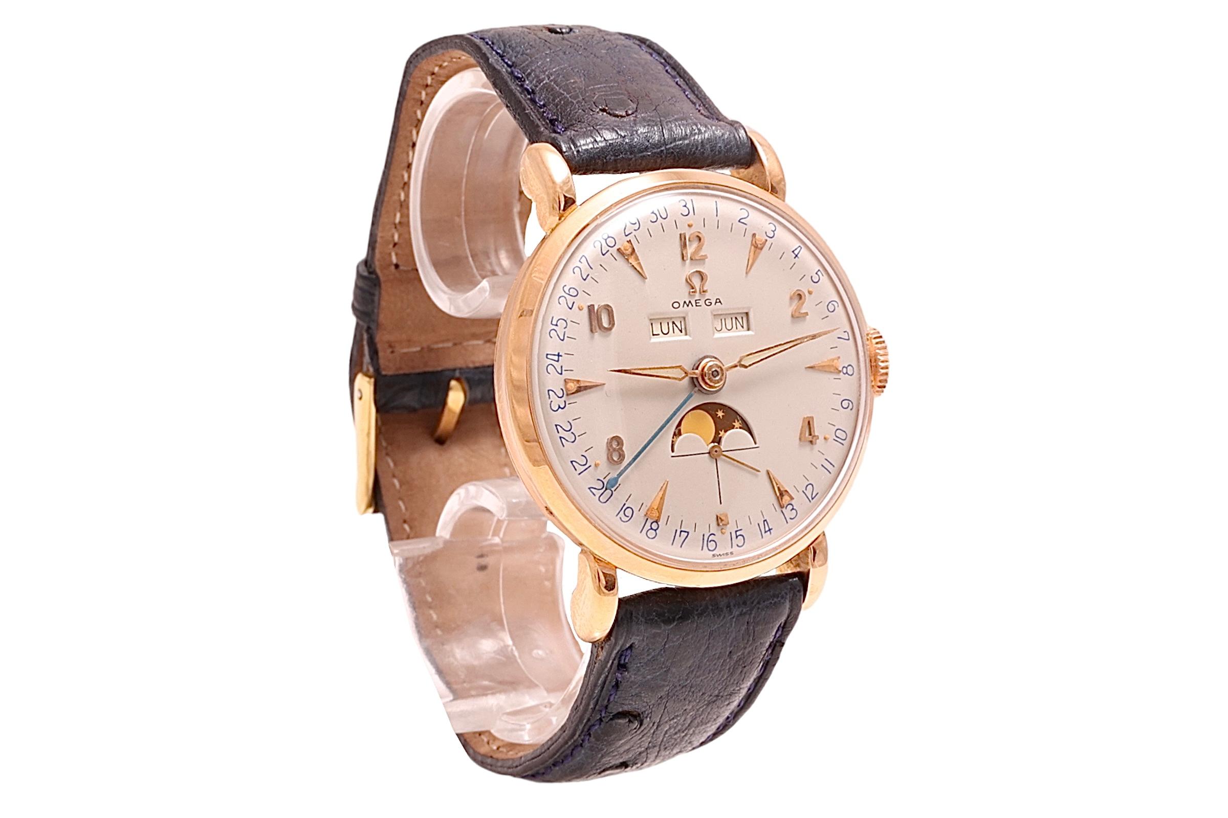 Artisan 18 Kt Gold Omega Cosmic Triple Date Moon Phase Collectors Wrist Watch Ref 2473 For Sale
