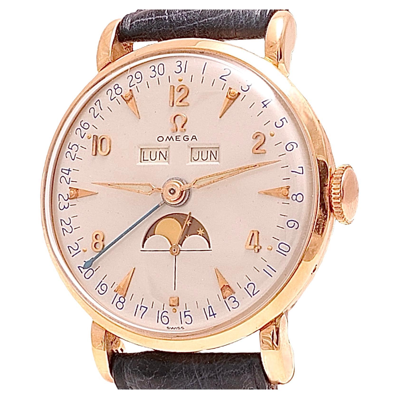 18 Kt Gold Omega Cosmic Triple Date Moon Phase Collectors Wrist Watch Ref 2473 For Sale