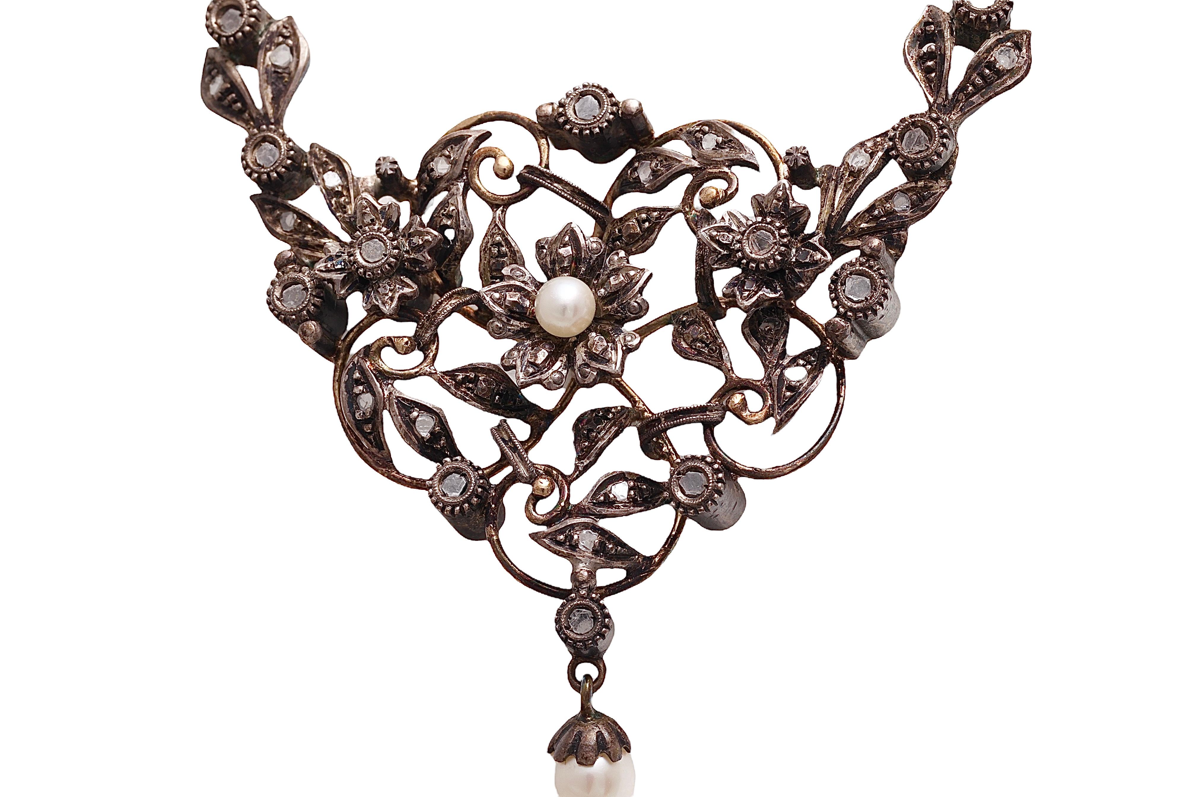 18 kt  Gold on Silver Antique Necklace  With Rose Cut Diamonds  , Ca 1860 For Sale 1