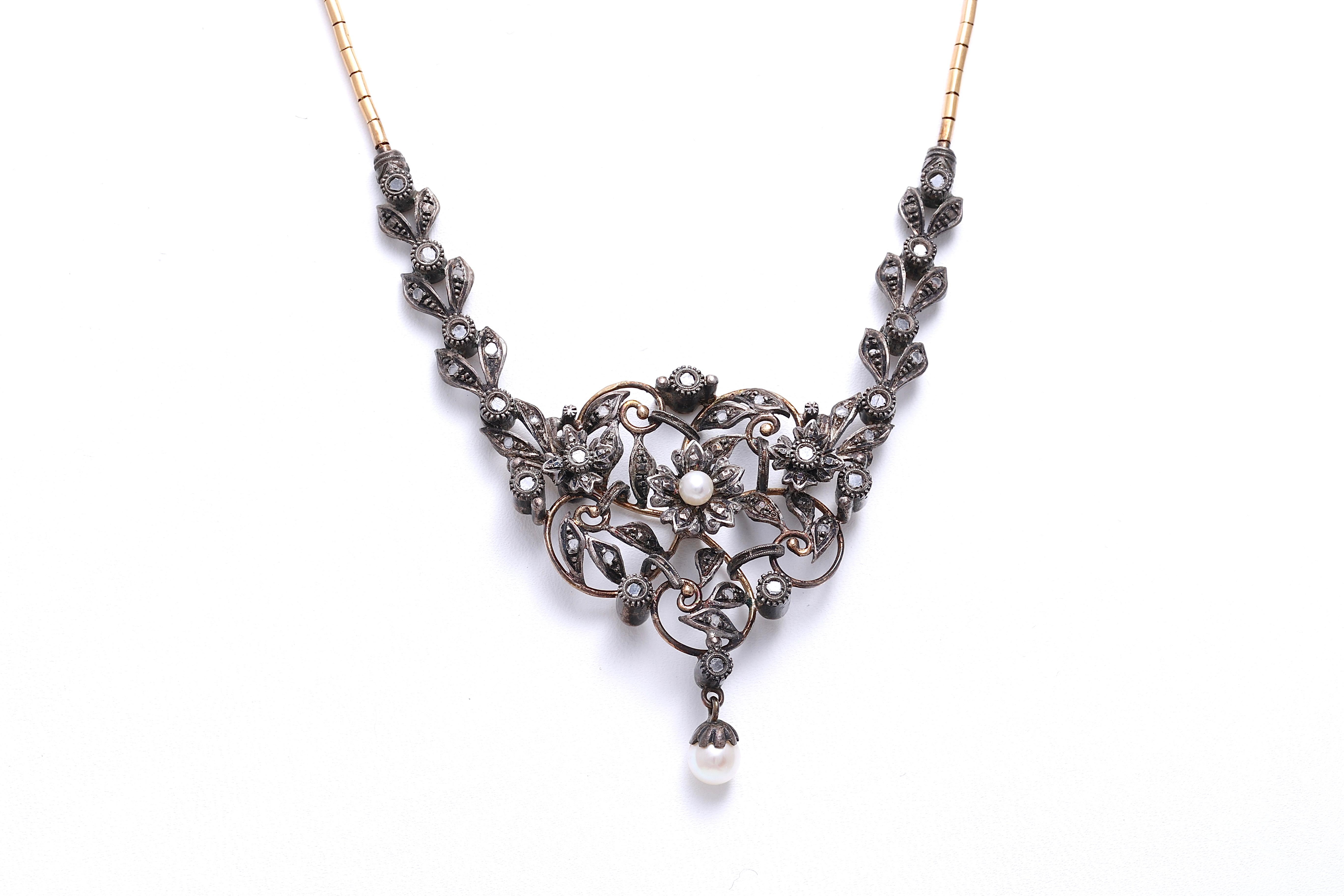 18 kt  Gold on Silver Antique Necklace  With Rose Cut Diamonds  , Ca 1860 For Sale 2