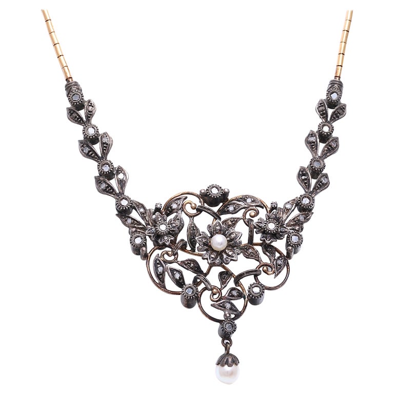 Collier Antique Années 1920 - Or Blanc 18k Et Argent Avec Diamants Taille Rose - Bijou Ancien De Caractère