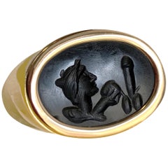 Antique 18 Kt Gold Onyx Roman Intaglio Ring Depicting God Dionysus and a Winged Phallus