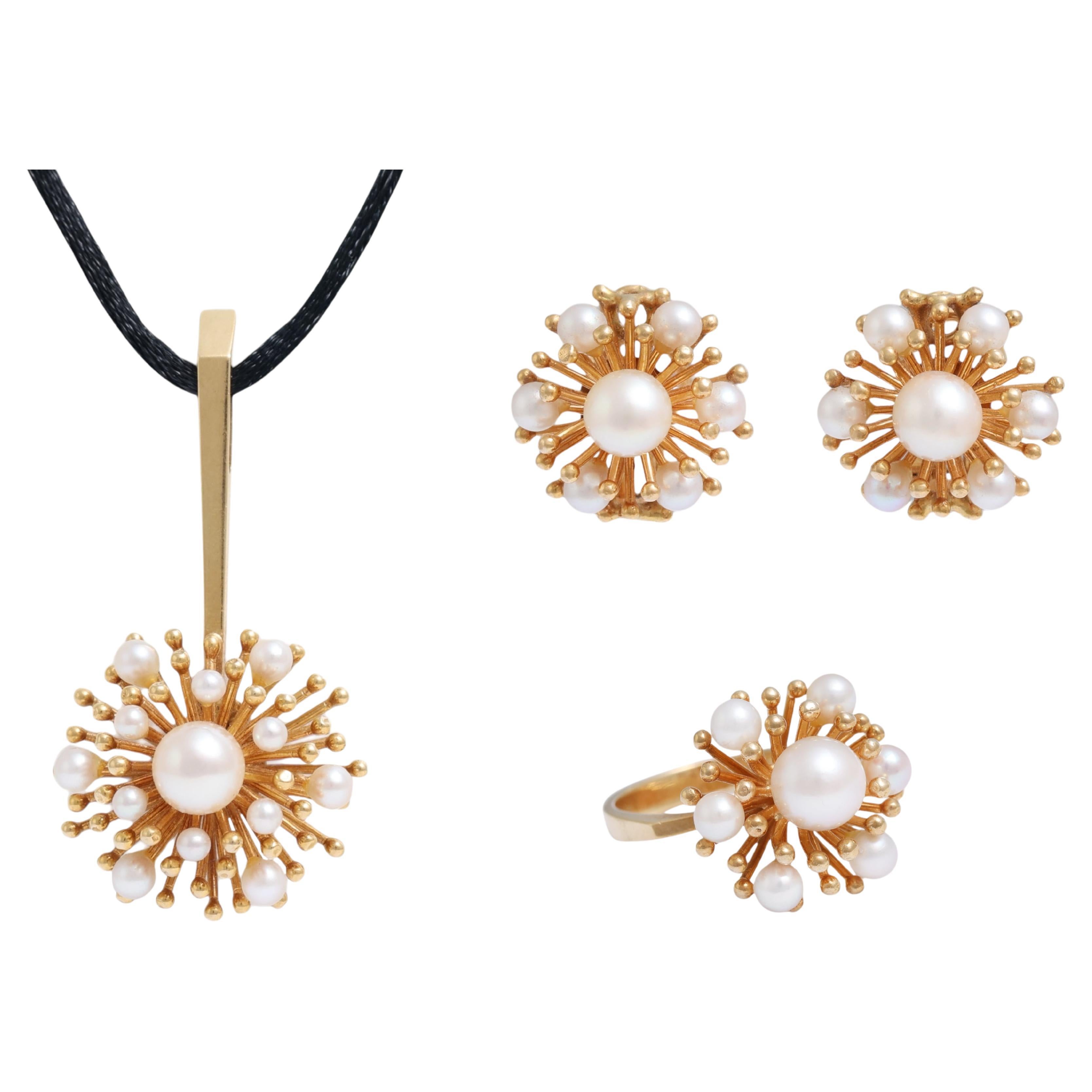 18 Kt Gold Perlen Set : Ring, Ohrringe & Anhänger komplett handgefertigt im Angebot