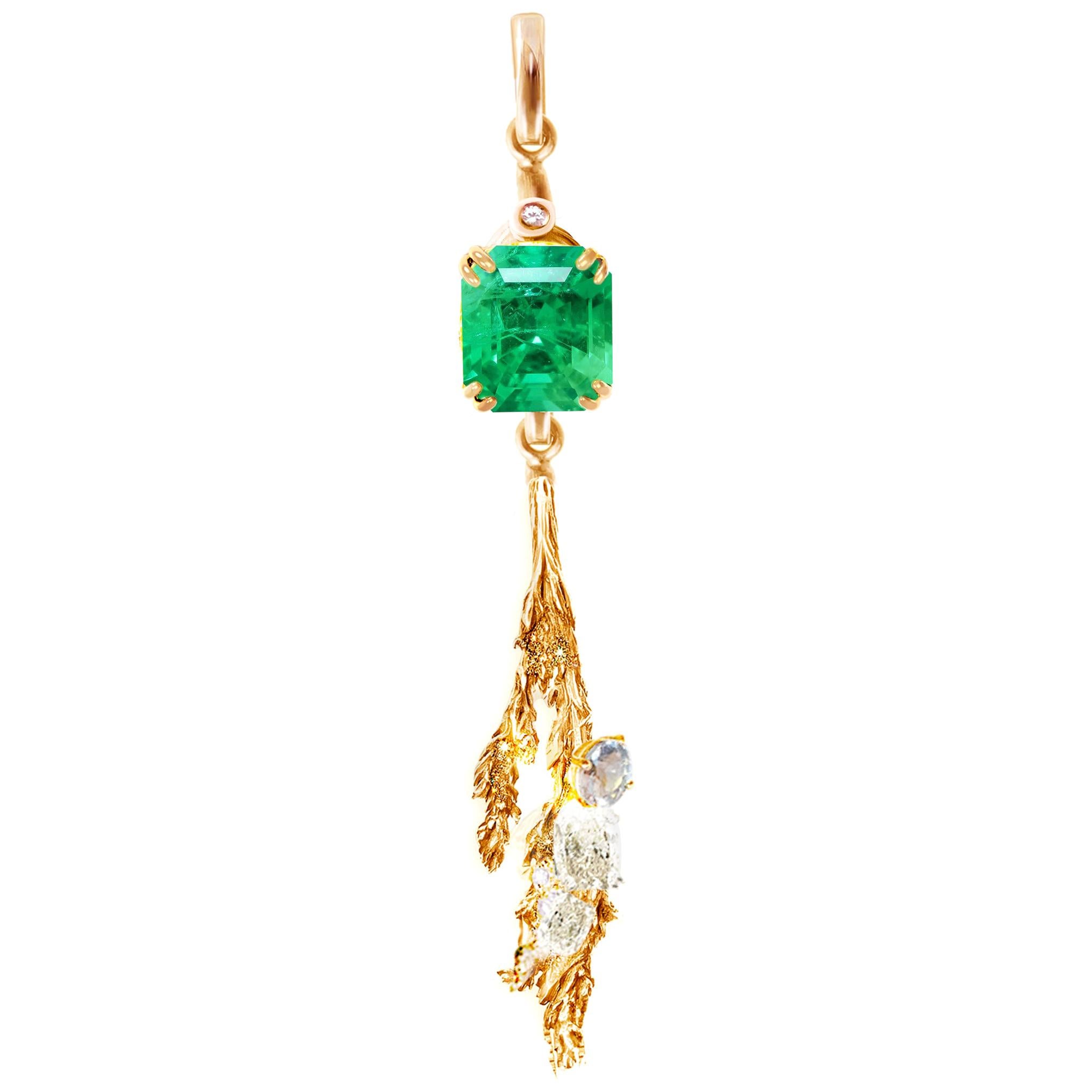 Rose Gold Pendant Necklace with SSEF Certified Emerald and Diamonds For Sale