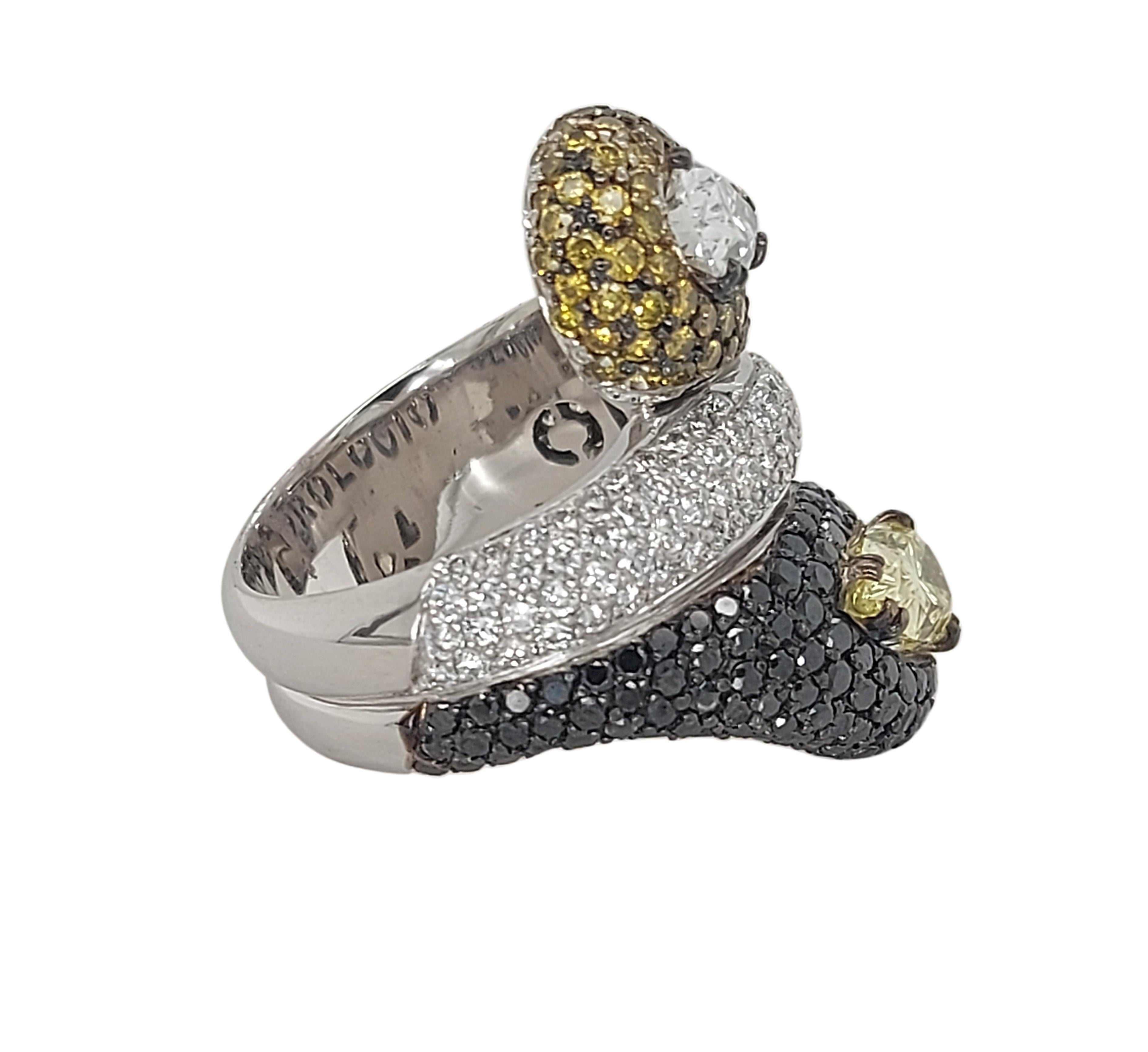 Artisan 18 Kt Gold Ring Diamonds Pears F.Intense Yellow & White, Black & Cognac Diamonds For Sale