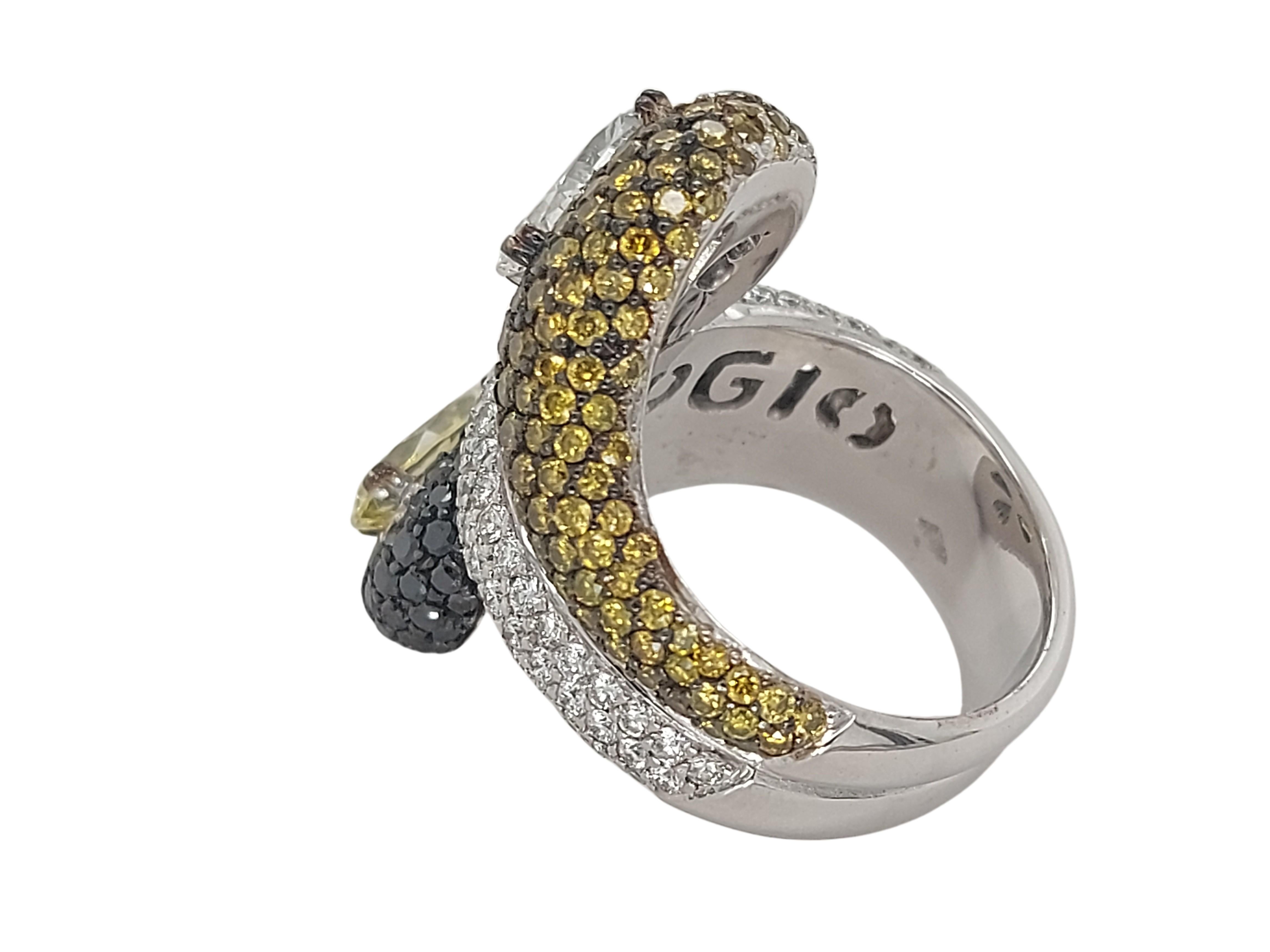 Pear Cut 18 Kt Gold Ring Diamonds Pears F.Intense Yellow & White, Black & Cognac Diamonds For Sale