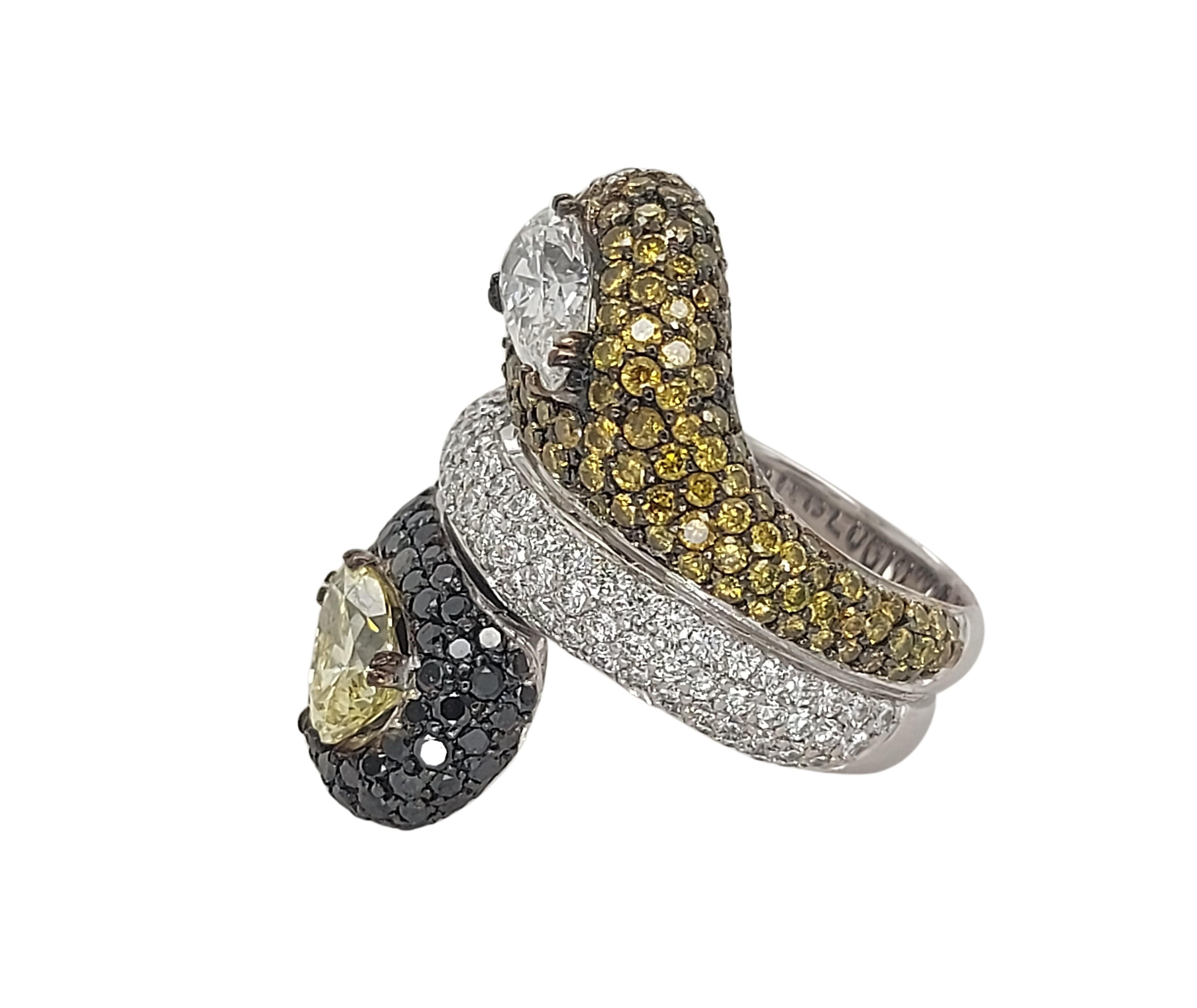 18 Kt Gold Ring Diamonds Pears F.Intense Yellow & White, Black & Cognac Diamonds In New Condition For Sale In Antwerp, BE