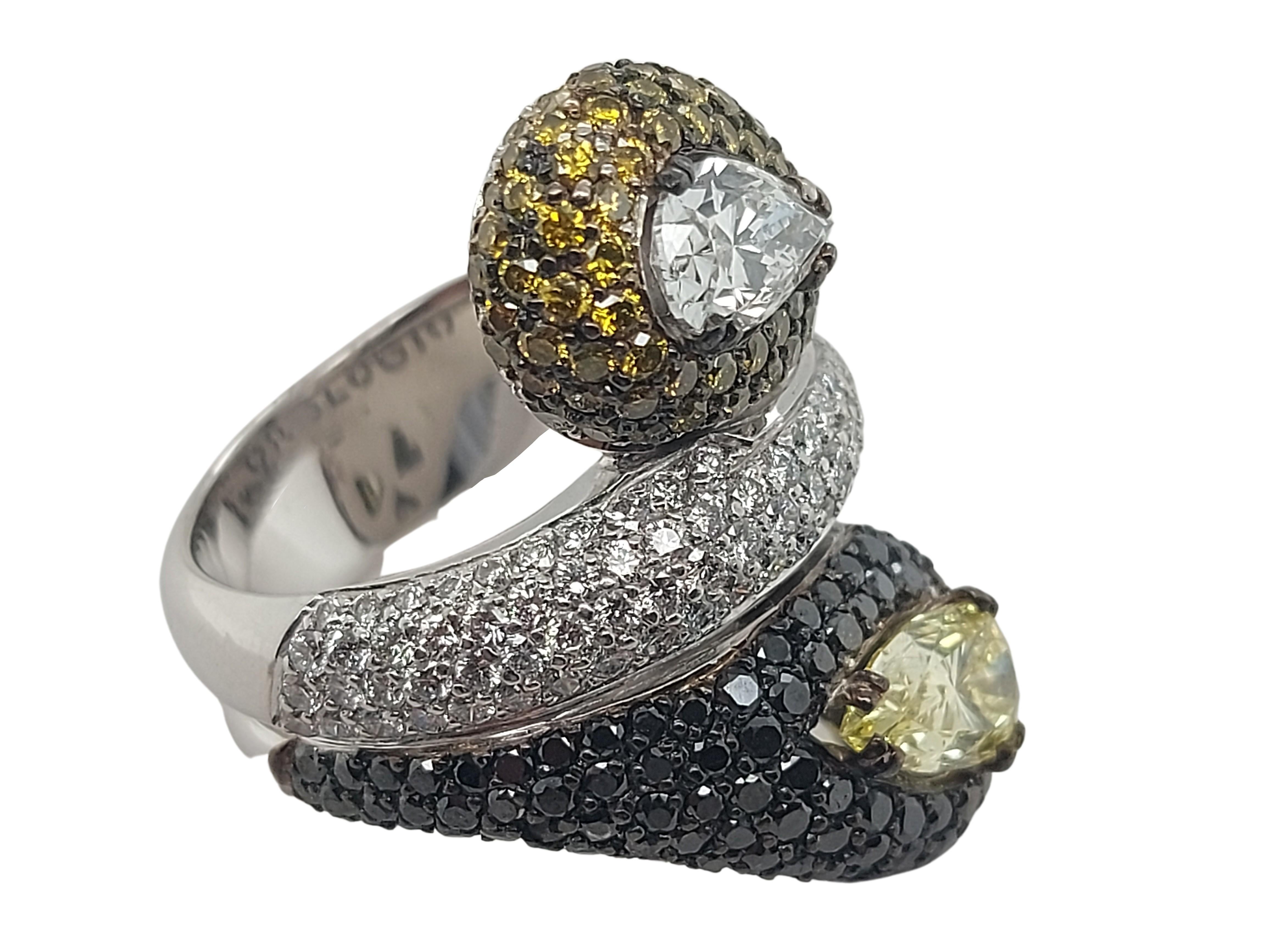 Women's or Men's 18 Kt Gold Ring Diamonds Pears F.Intense Yellow & White, Black & Cognac Diamonds For Sale