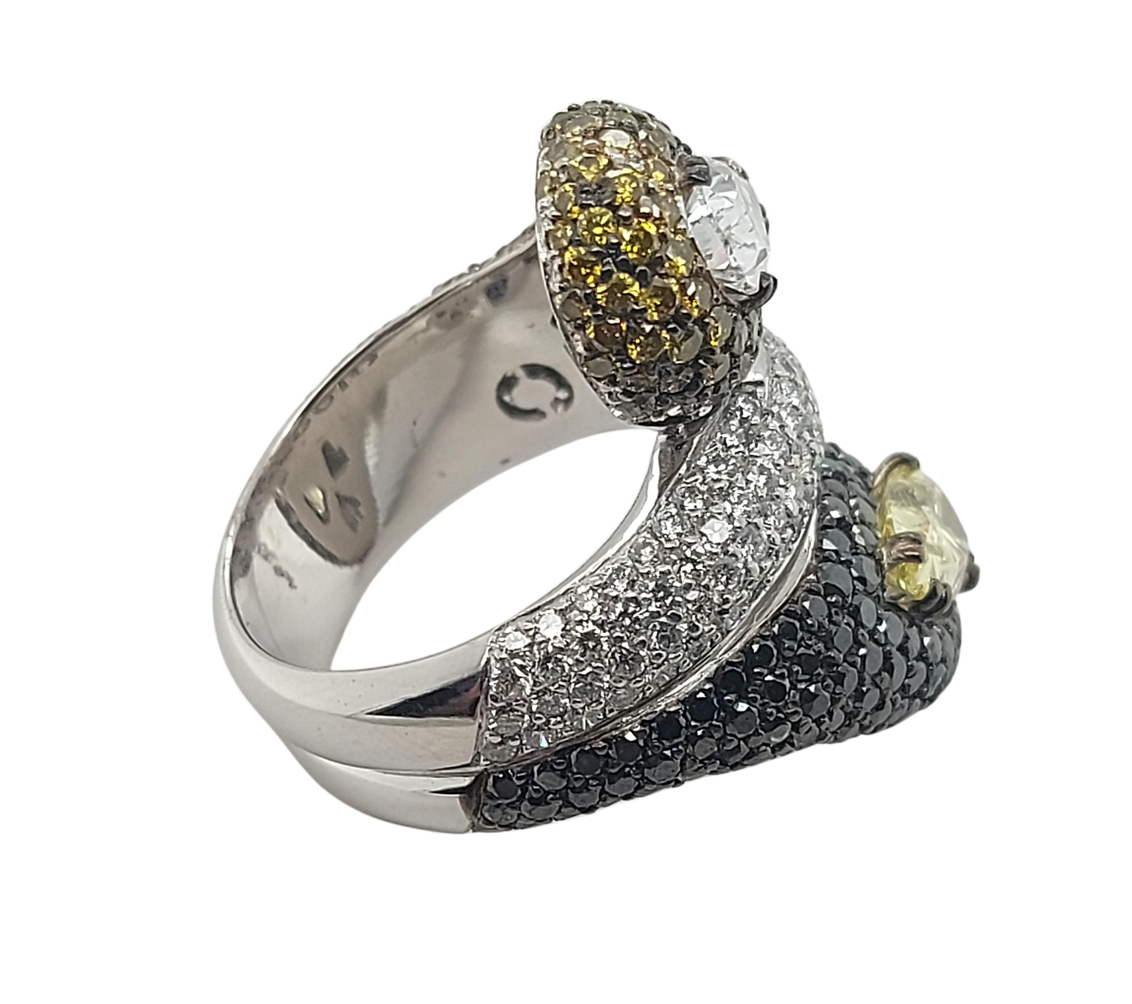 18 Kt Gold Ring Diamonds Pears F.Intense Yellow & White, Black & Cognac Diamonds For Sale 1