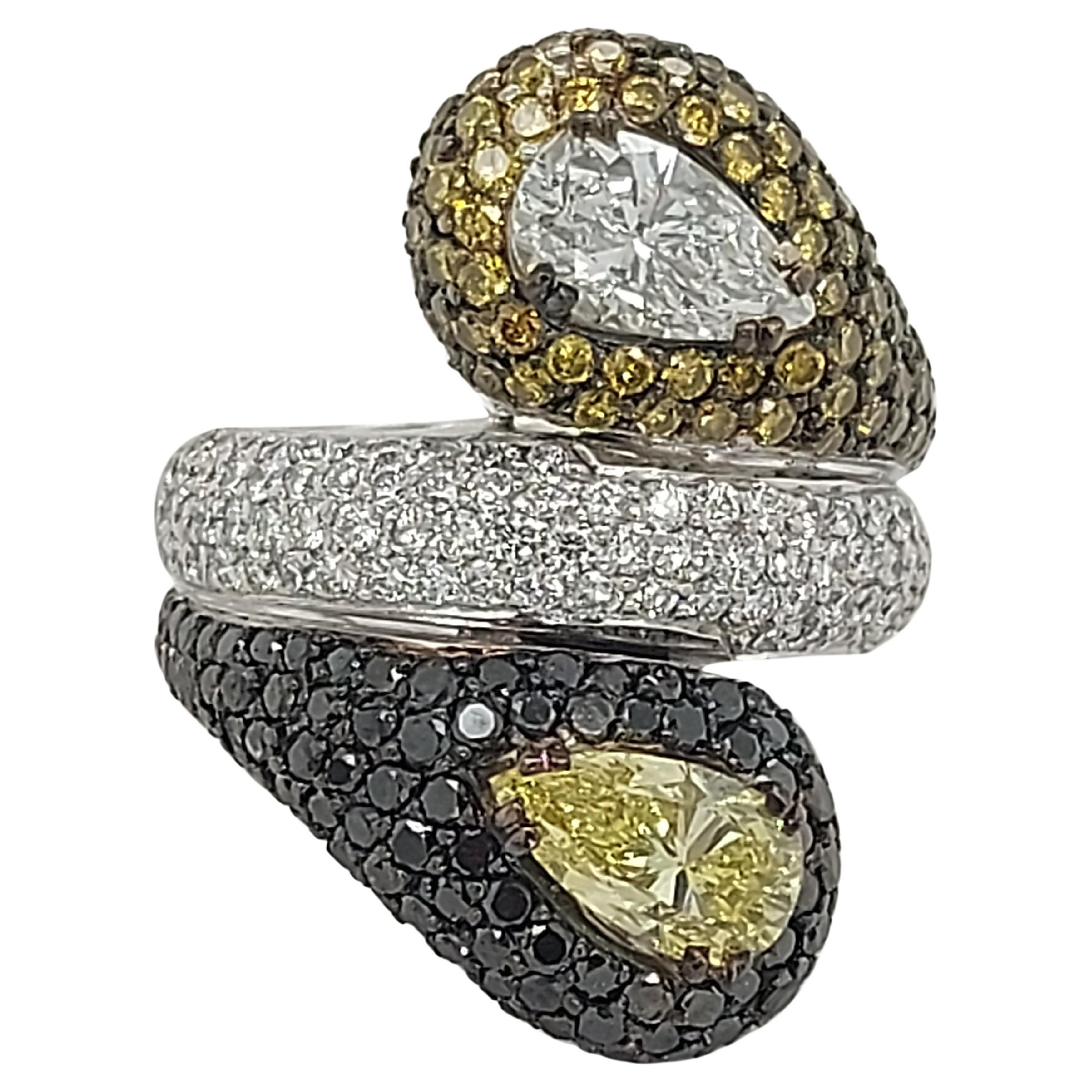 18 Kt Gold Ring Diamonds Pears F.Intense Yellow & White, Black & Cognac Diamonds For Sale