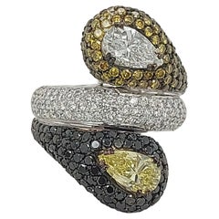 18 Kt Gold Ring Diamonds Pears F.Intense Yellow & White, Black & Cognac Diamonds