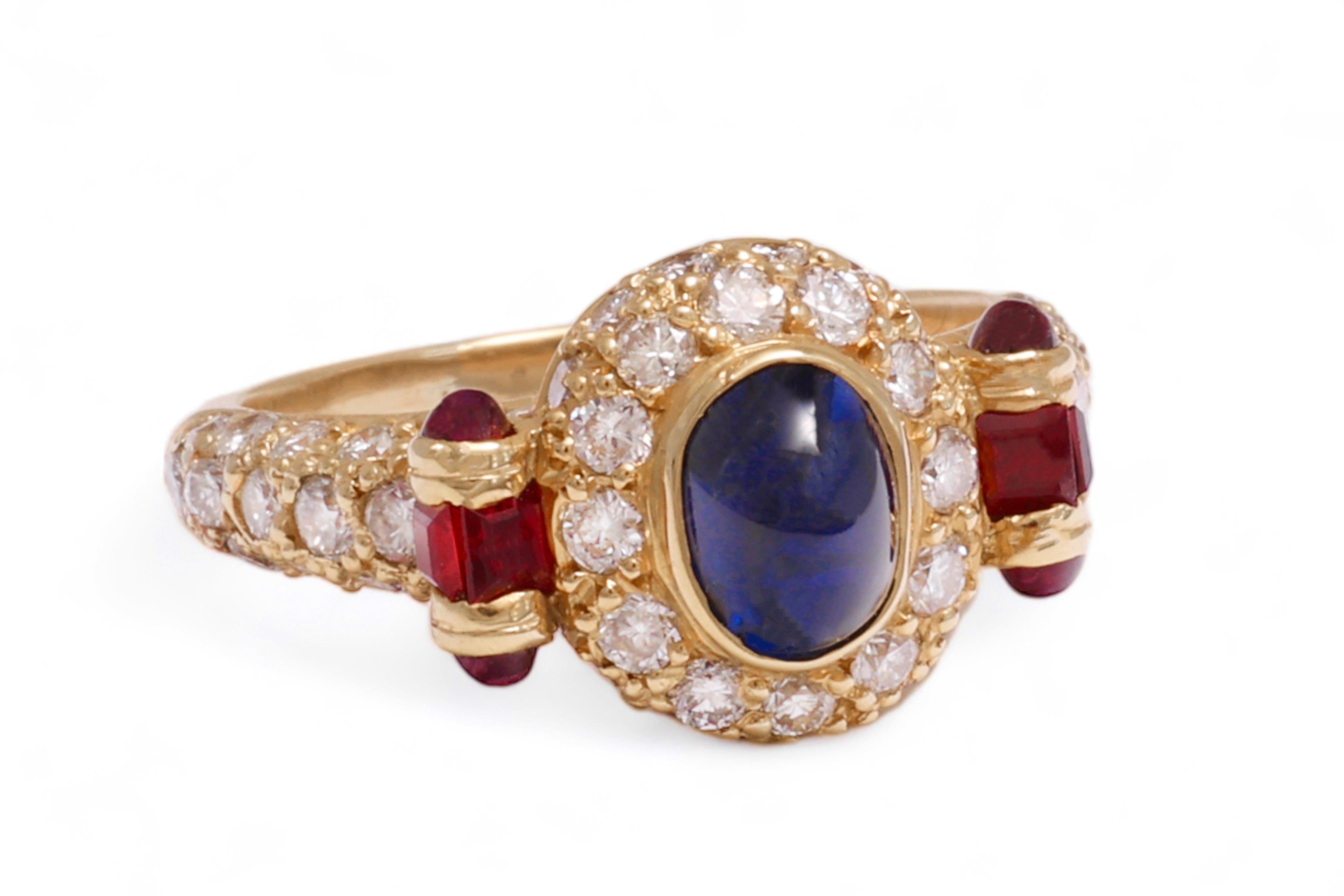 Artisan  18 kt. Gold Ring With 1.20 ct. Cabochon Sapphire & Ruby & Diamond For Sale