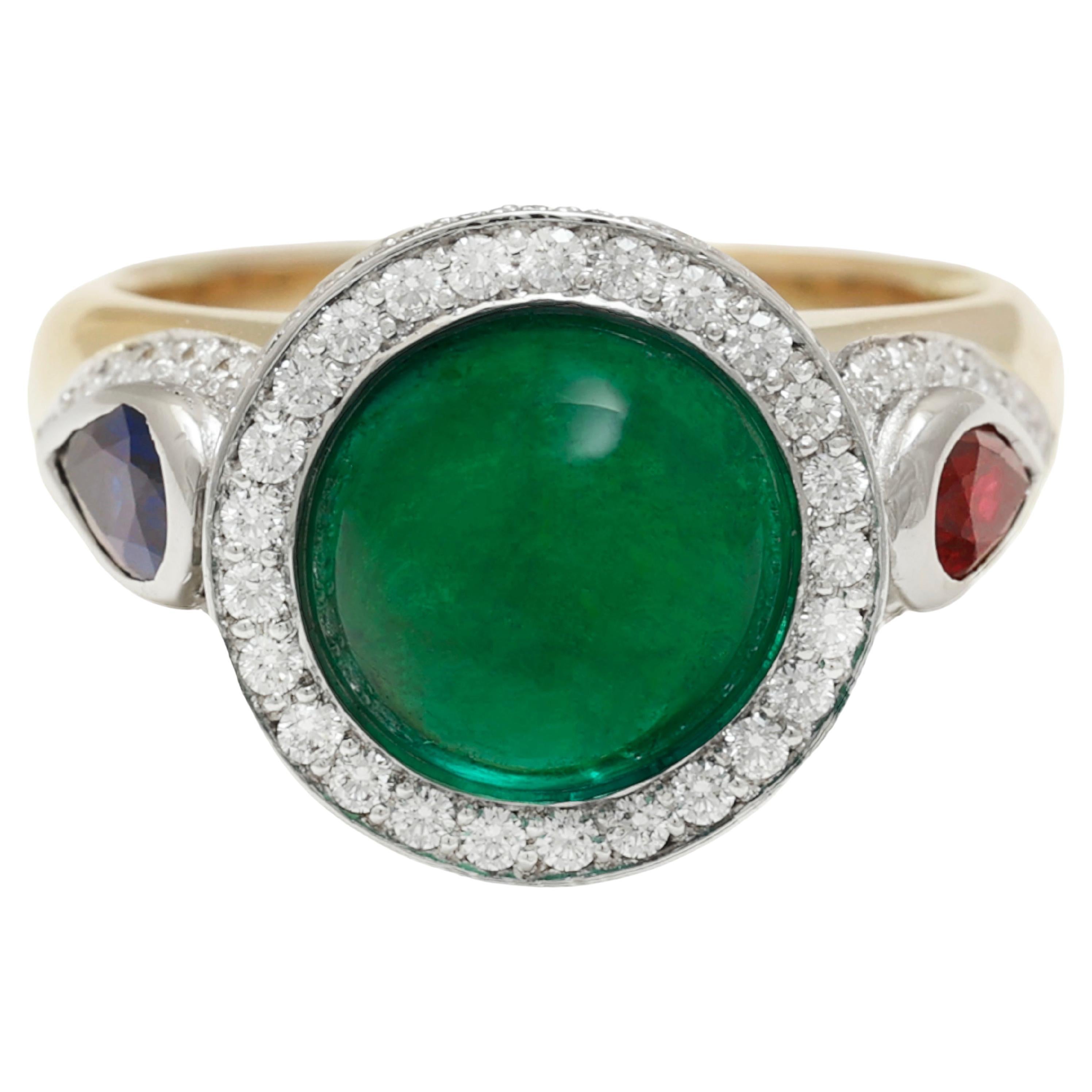 18 kt. Gold Ring With 3.78 ct. Minor Emerald Cabochon, Diamonds, Sapphire, Ruby For Sale