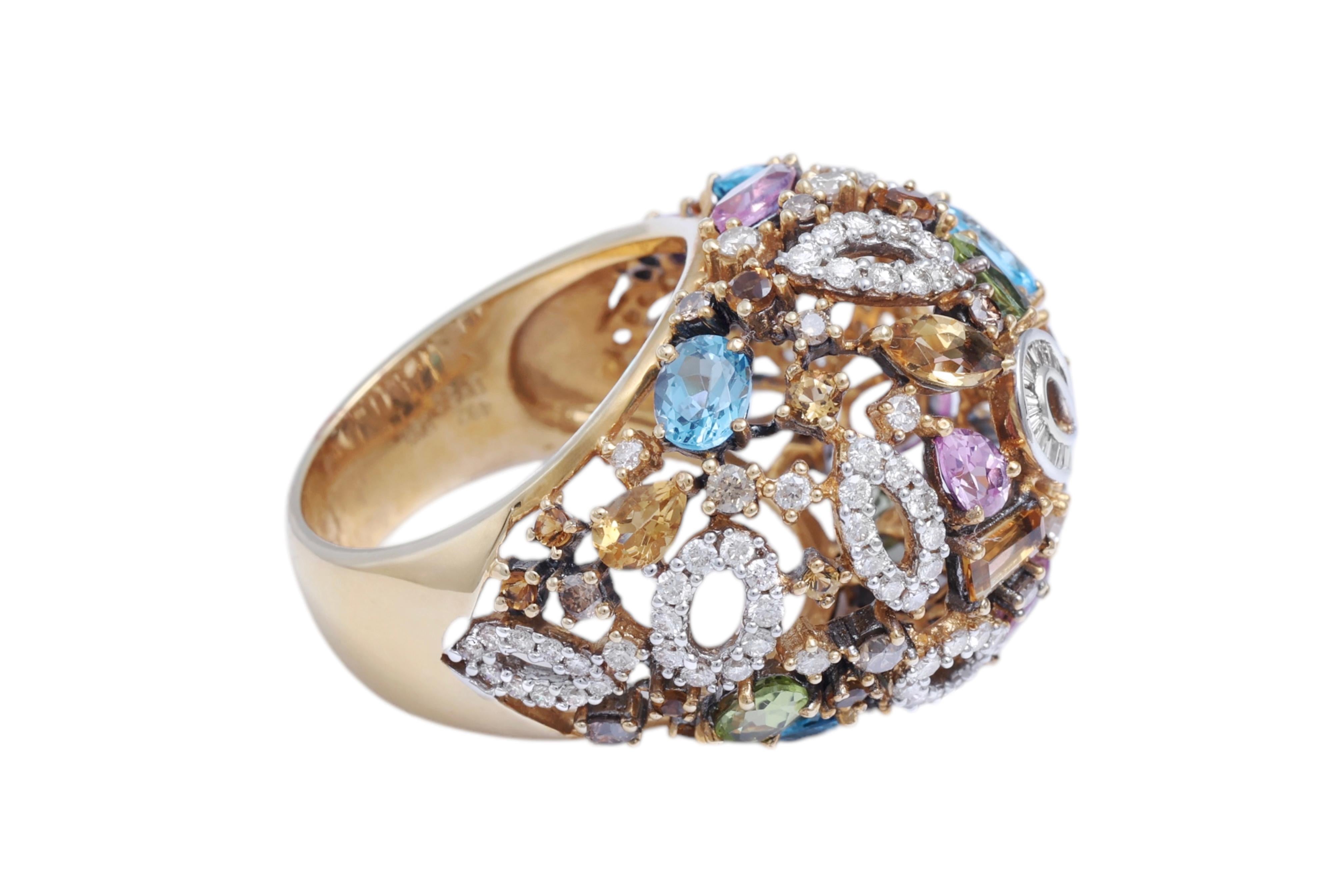 Moderne Bague en or 18 carats avec diamants et pierres semi-précieuses en vente