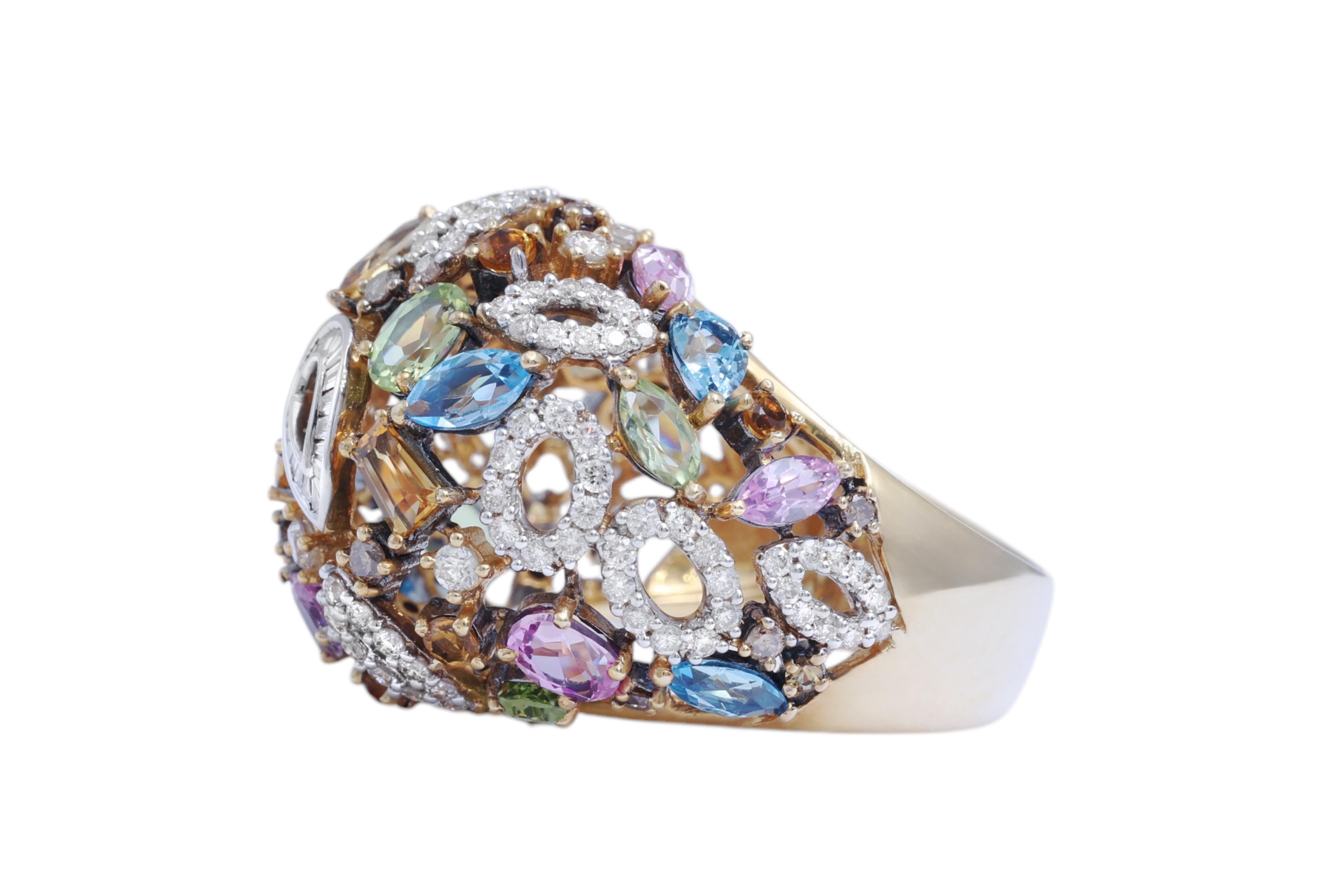 Bague en or 18 carats avec diamants et pierres semi-précieuses Unisexe en vente