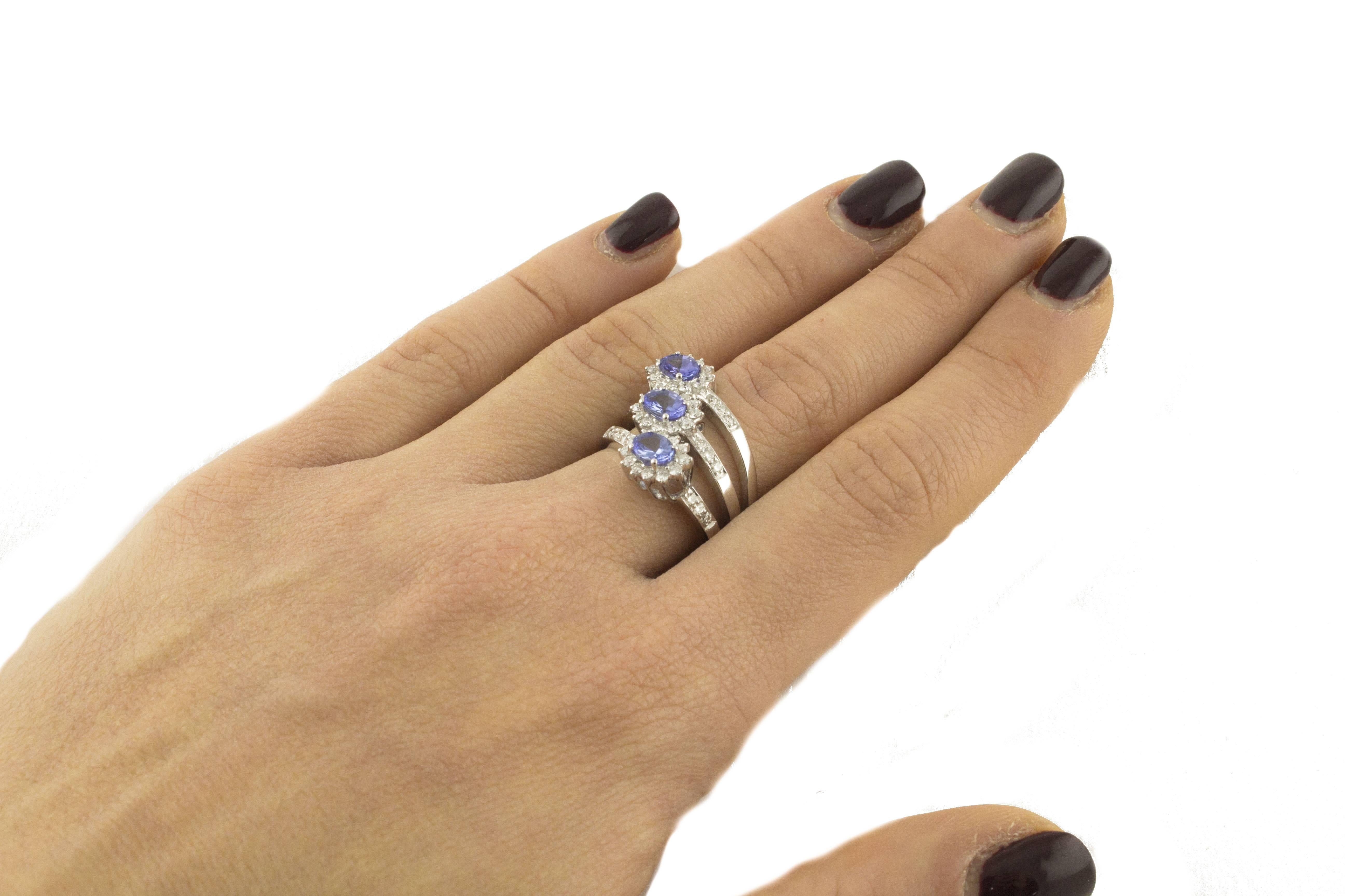 Diamonds, Tanzanite, 18 Karat White Gold Flowers Ring. For Sale 1