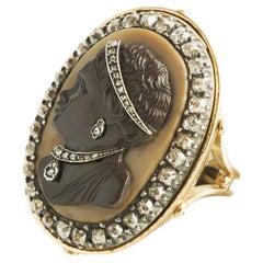 18 Kt Gold Ring with Late 1800s French Moretto Cameo and Diamond Rosettes