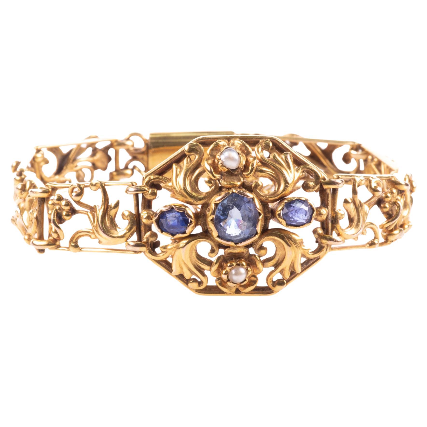 18 kt. Gold Sapphire & Pearl Victorian Bracelet For Sale
