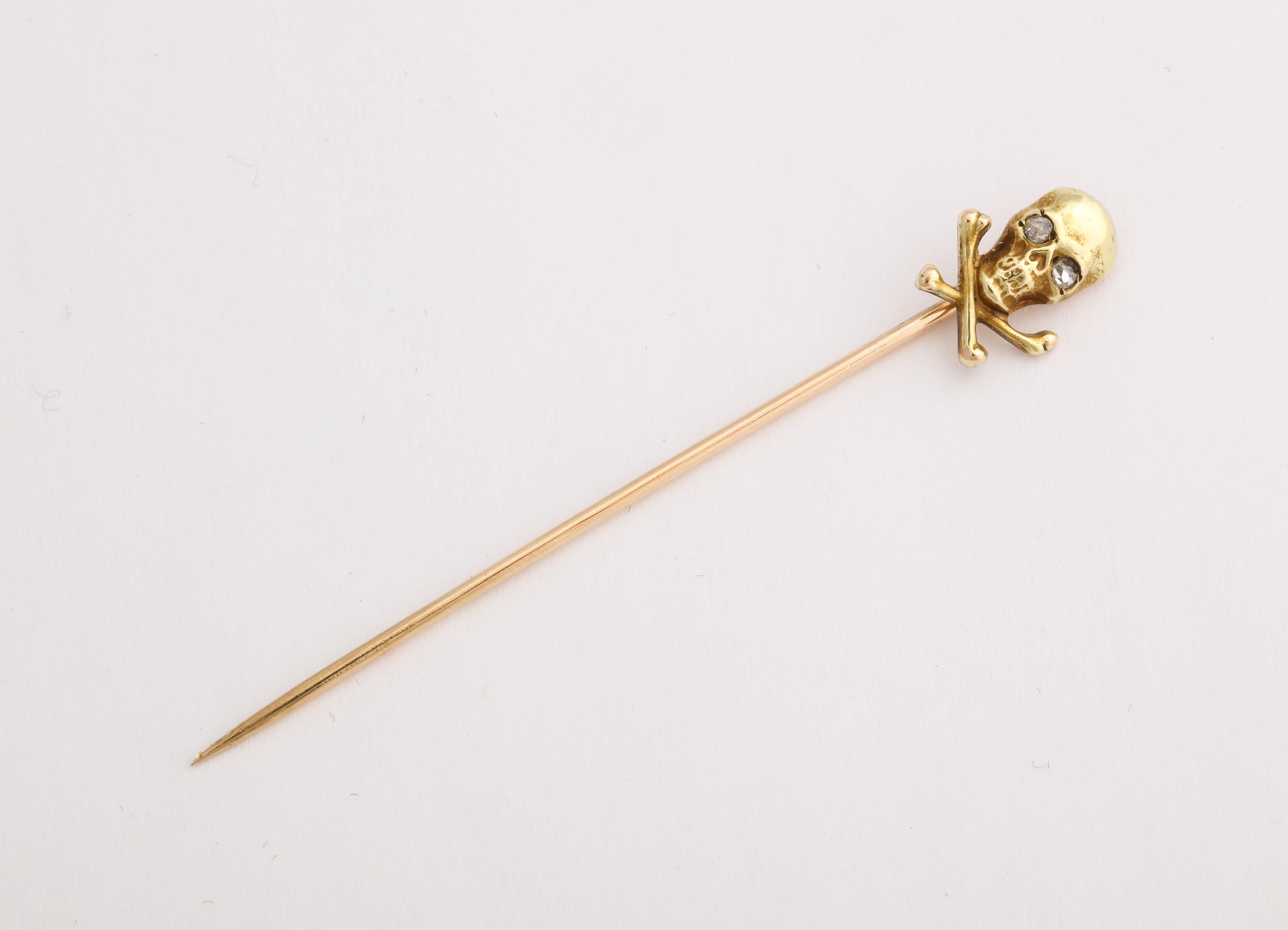 Victorian 18 Kt Gold Skull and Crossbones Stickpin with Diamond Eyes For Sale