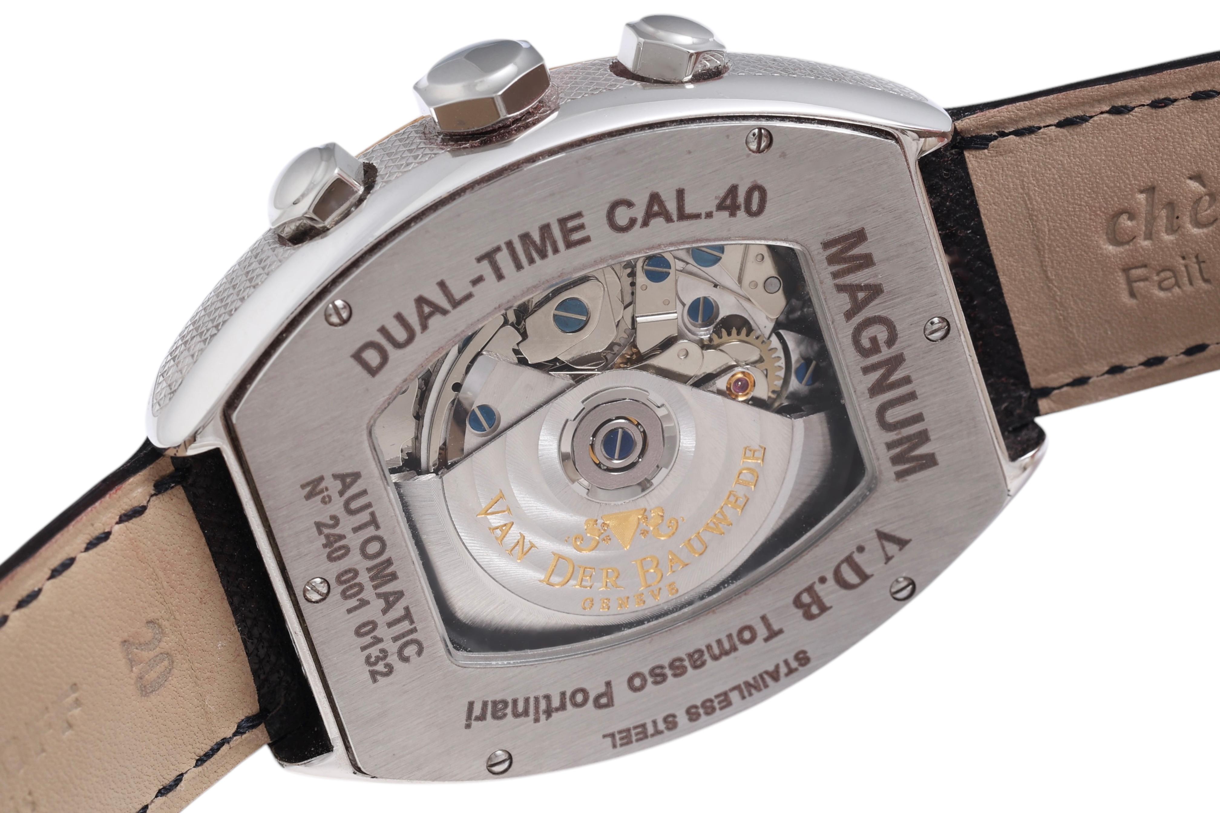 18 Kt Gold & Steel Van Der Bauwede Automatic Dual Time Chronograph BNIB Watch For Sale 5
