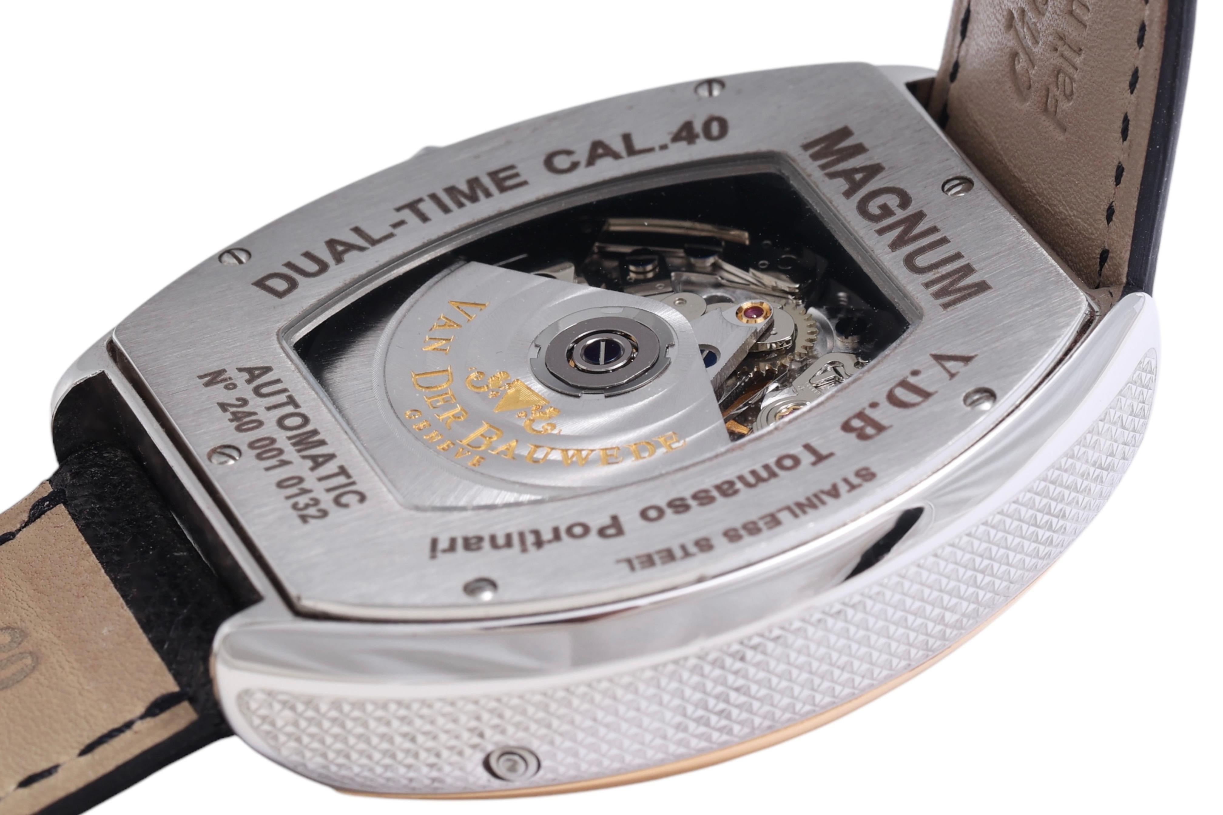 18 Kt Gold & Steel Van Der Bauwede Automatic Dual Time Chronograph BNIB Watch For Sale 8