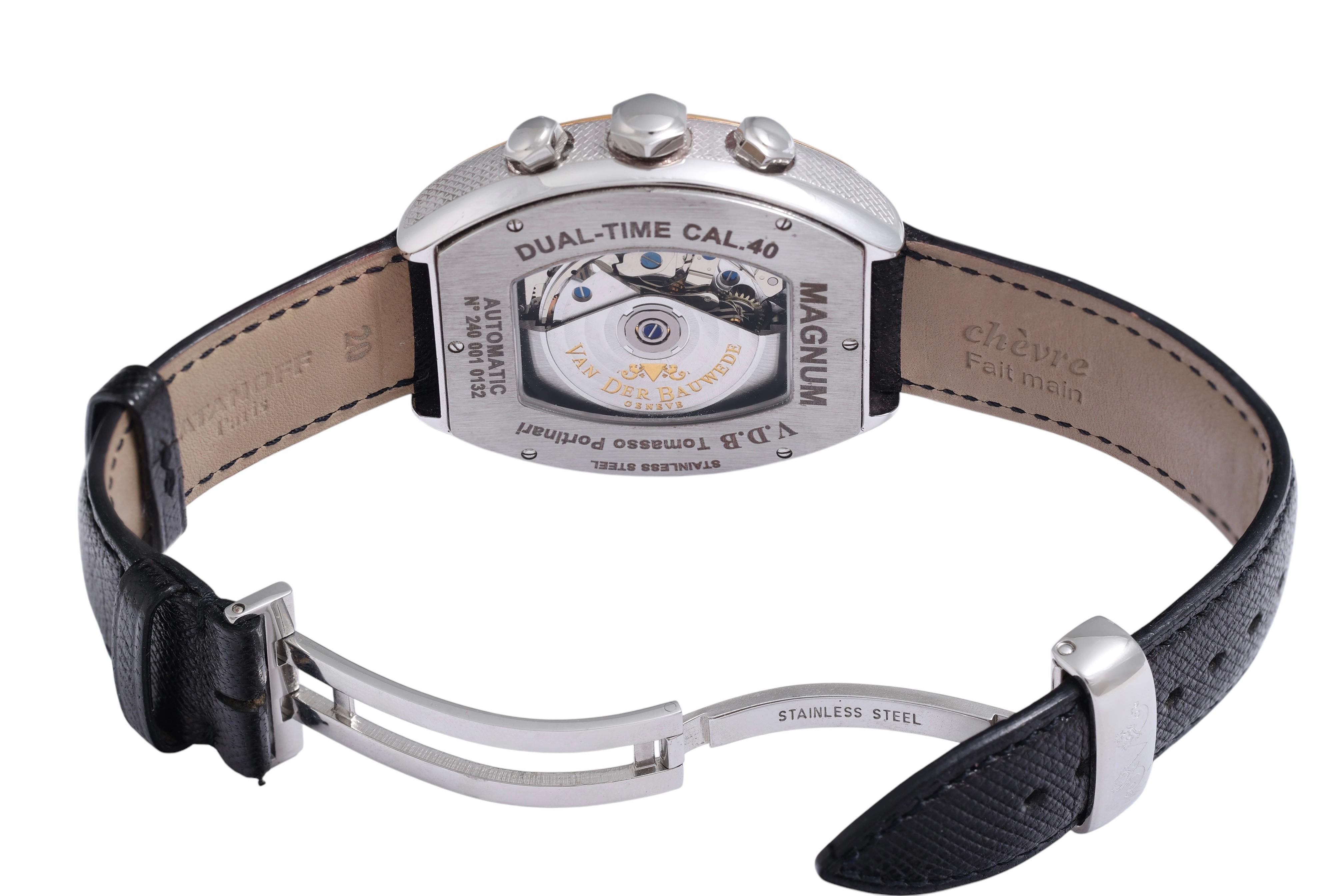 18 Kt Gold & Steel Van Der Bauwede Automatic Dual Time Chronograph BNIB Watch For Sale 9