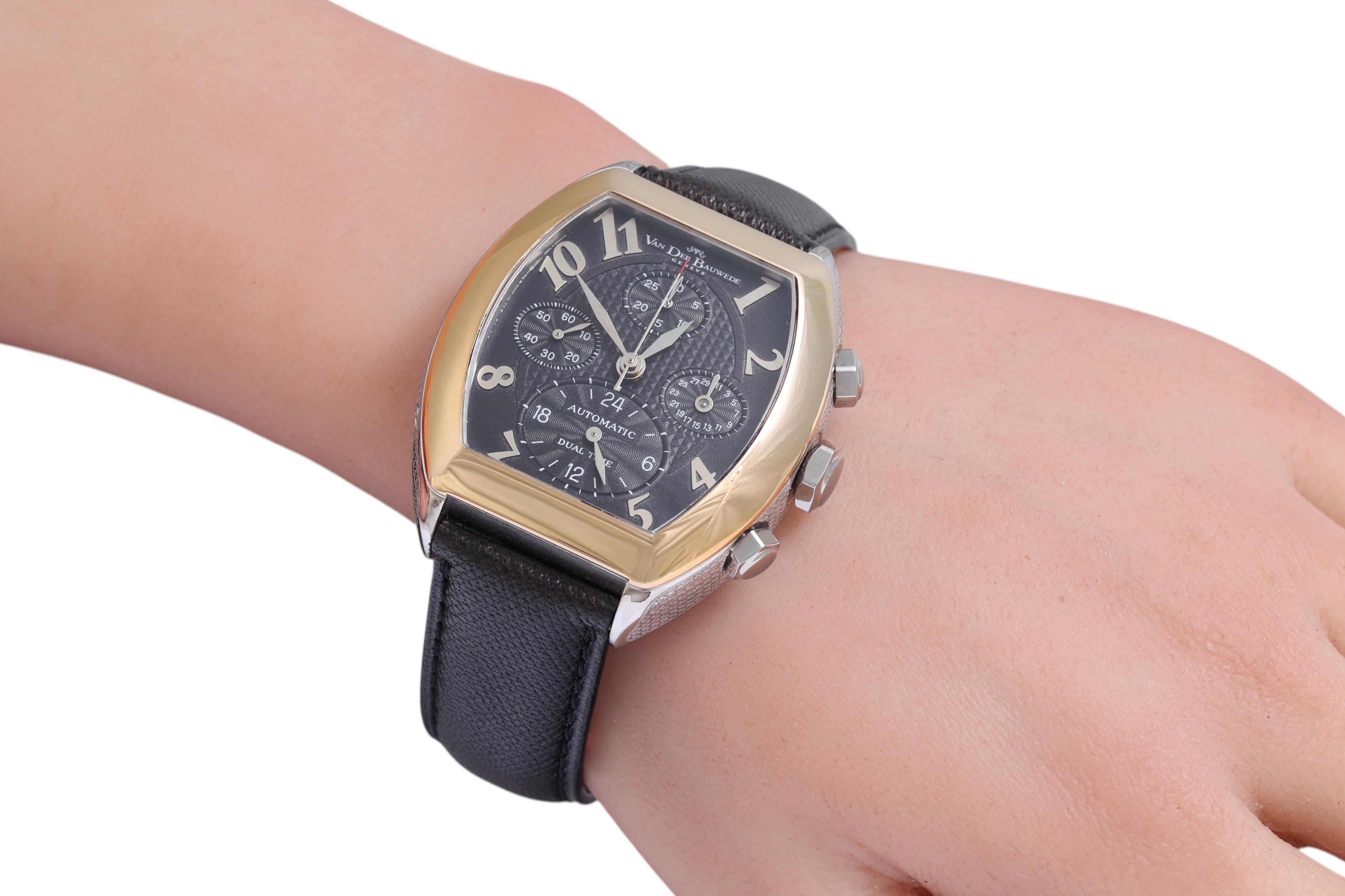 18 Kt Gold & Steel Van Der Bauwede Automatic Dual Time Chronograph BNIB Watch For Sale 11
