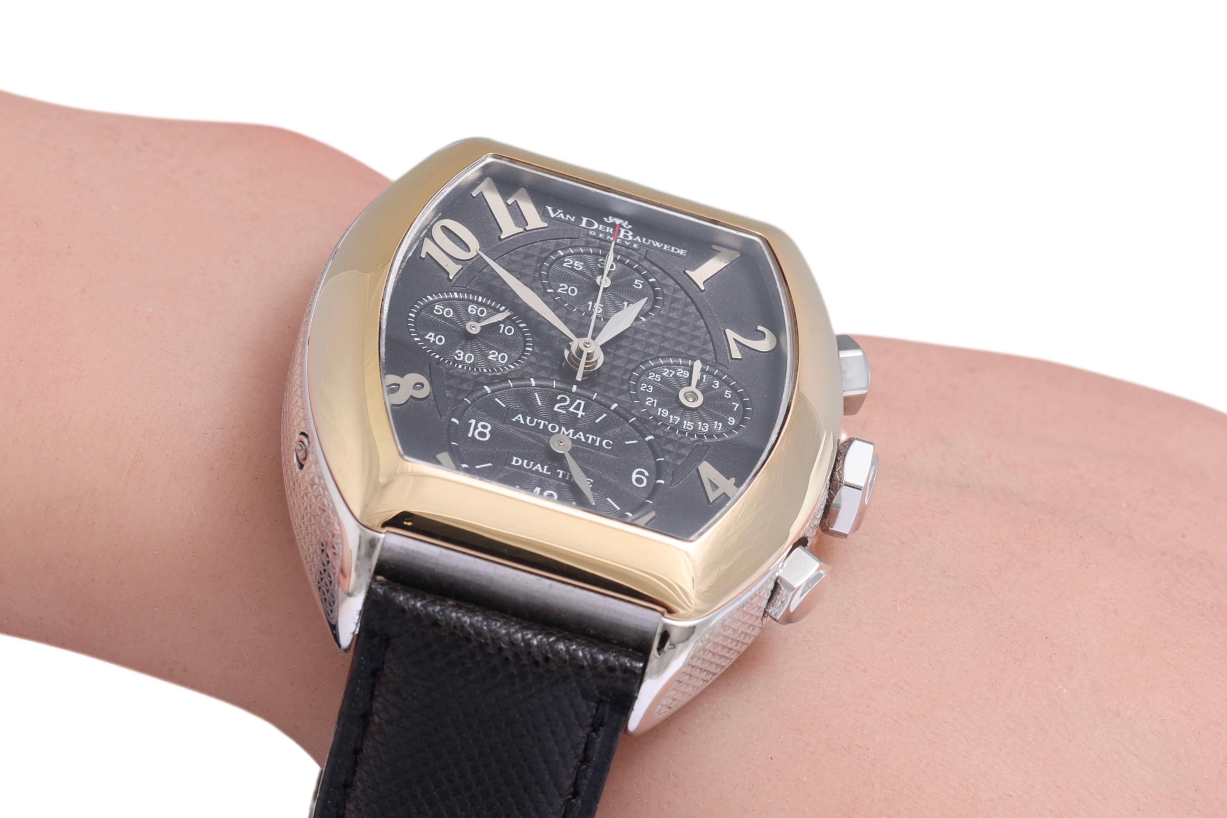 18 Kt Gold & Steel Van Der Bauwede Automatic Dual Time Chronograph BNIB Watch For Sale 13