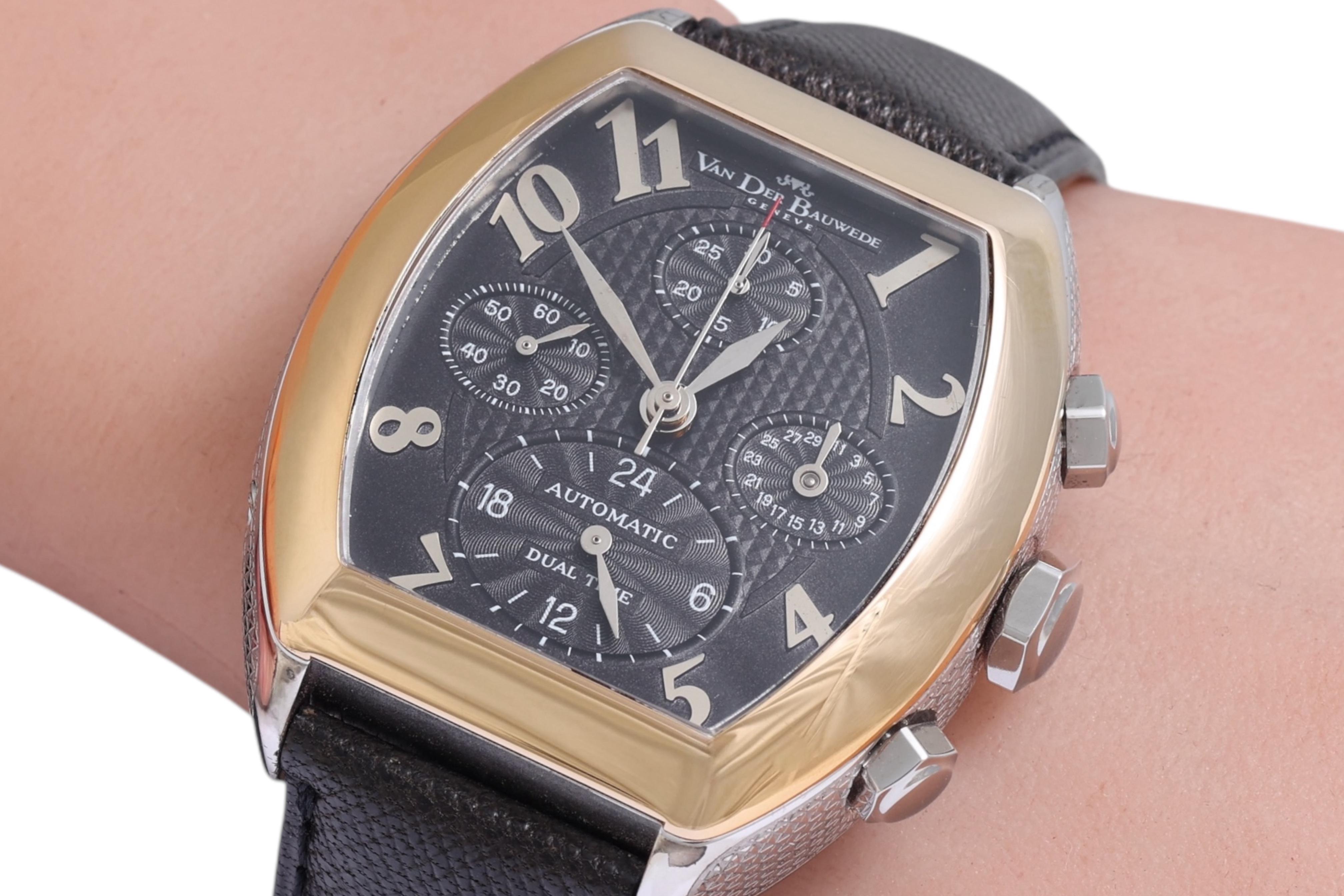 18 Kt Gold & Steel Van Der Bauwede Automatic Dual Time Chronograph BNIB Watch For Sale 14
