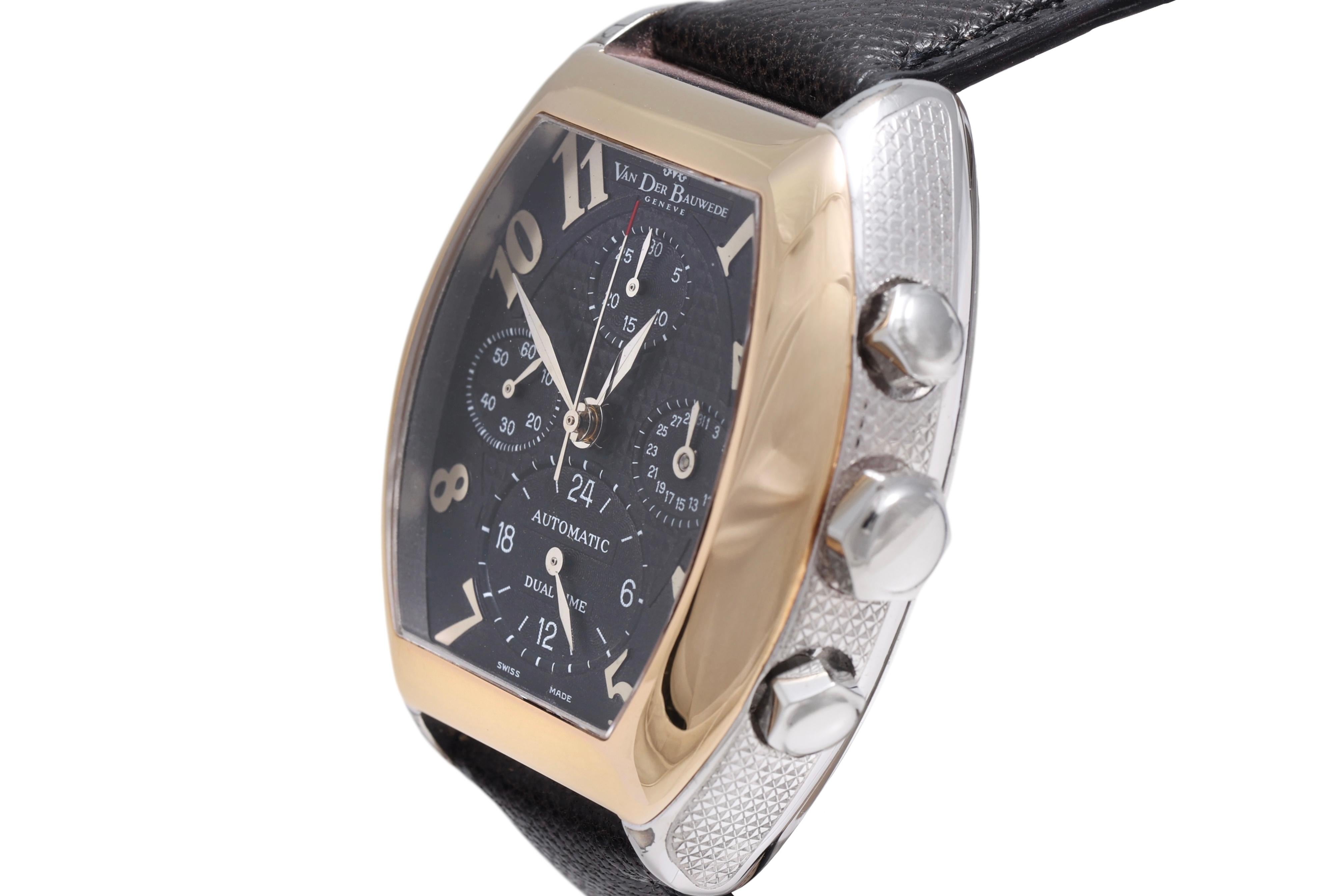 Modern 18 Kt Gold & Steel Van Der Bauwede Automatic Dual Time Chronograph BNIB Watch For Sale