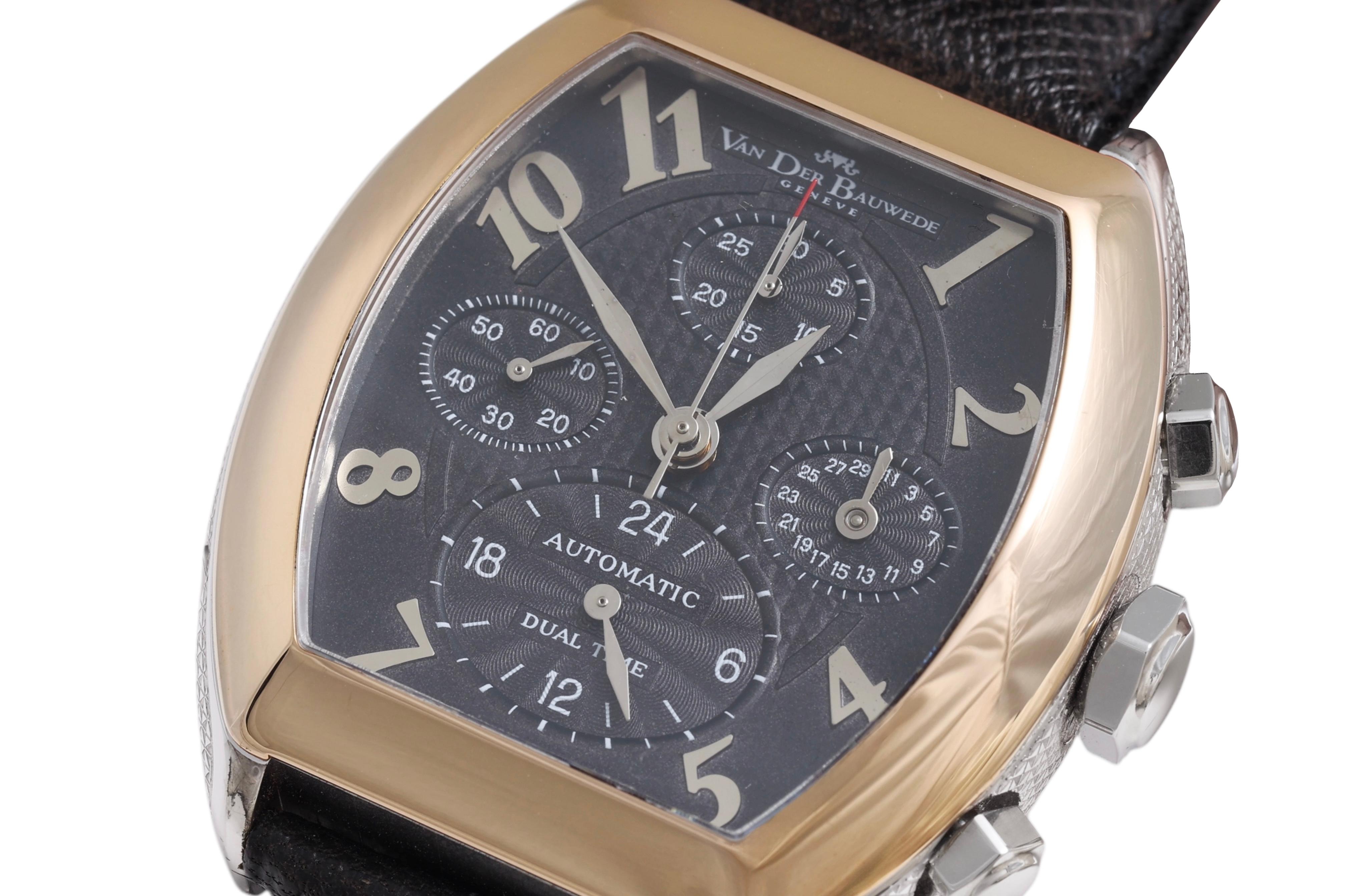 18 Kt Gold & Steel Van Der Bauwede Automatic Dual Time Chronograph BNIB Watch In New Condition For Sale In Antwerp, BE