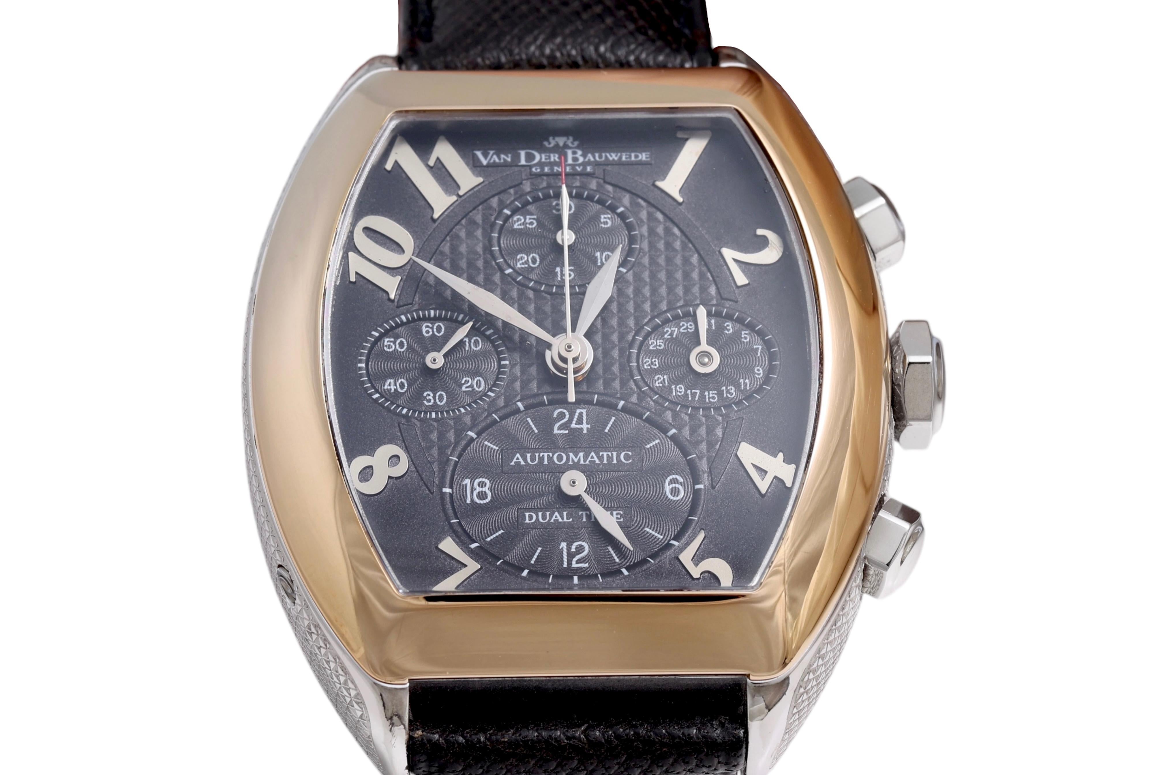 Women's or Men's 18 Kt Gold & Steel Van Der Bauwede Automatic Dual Time Chronograph BNIB Watch For Sale