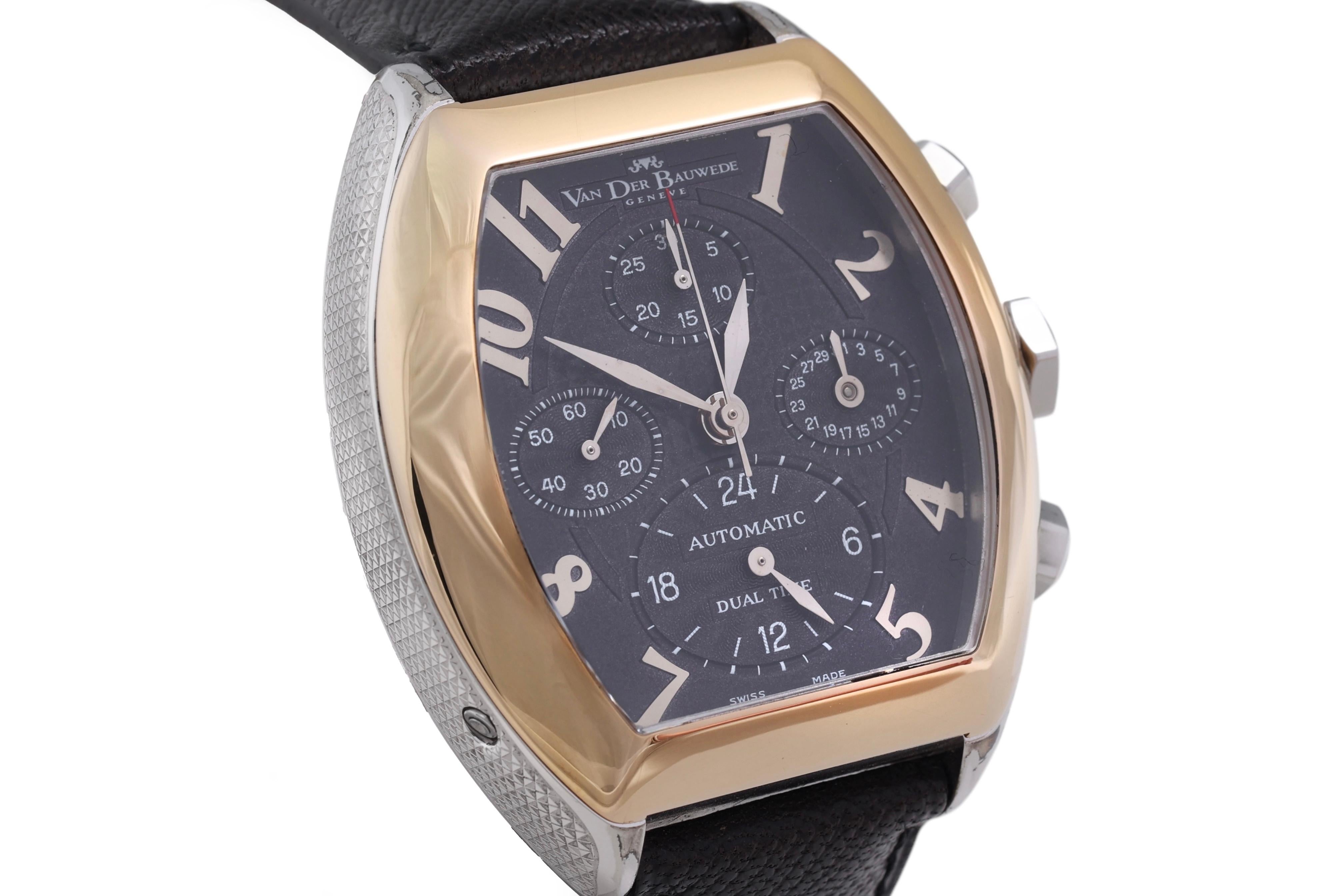 18 Kt Gold & Steel Van Der Bauwede Automatic Dual Time Chronograph BNIB Watch For Sale 1
