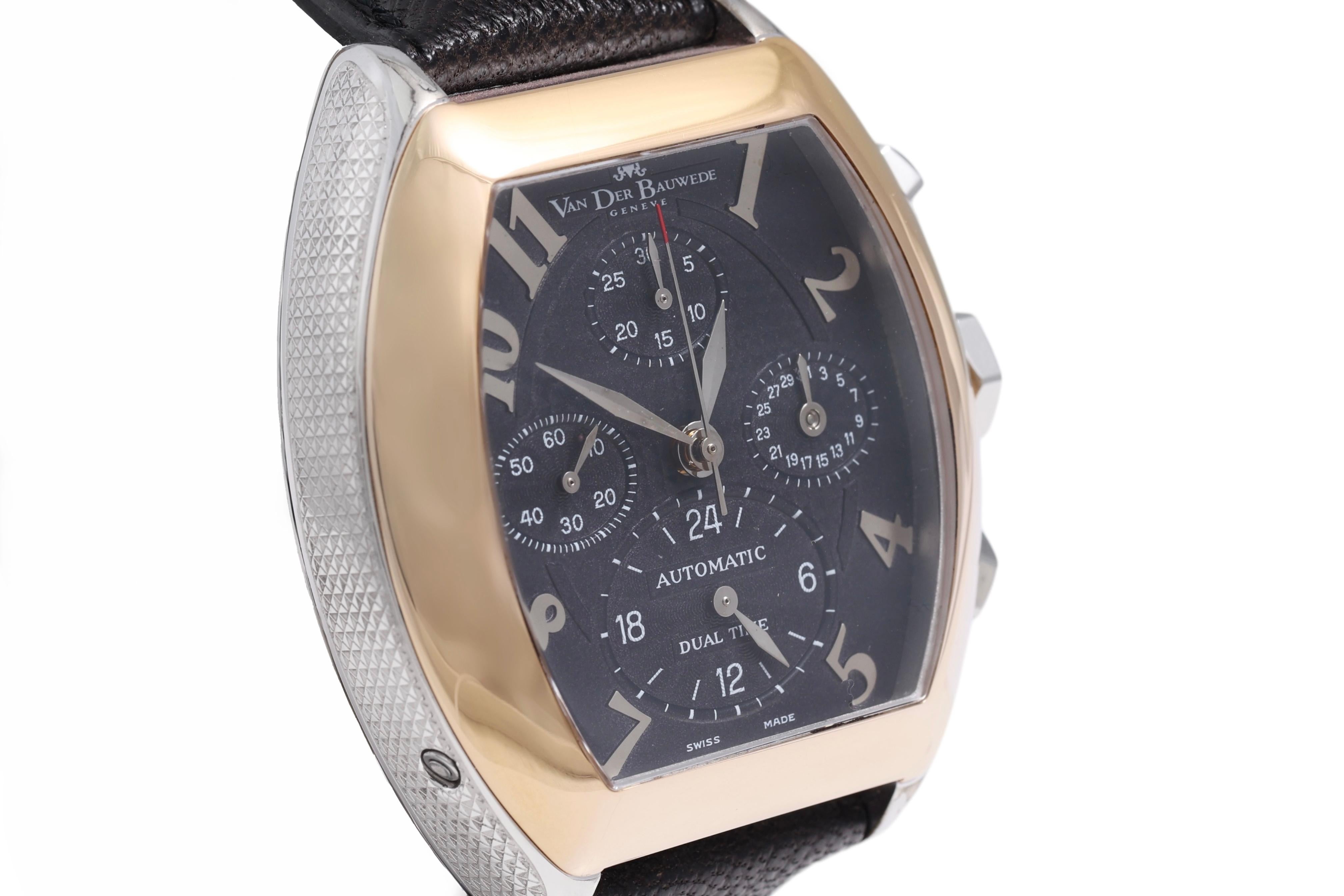18 Kt Gold & Steel Van Der Bauwede Automatic Dual Time Chronograph BNIB Watch For Sale 2