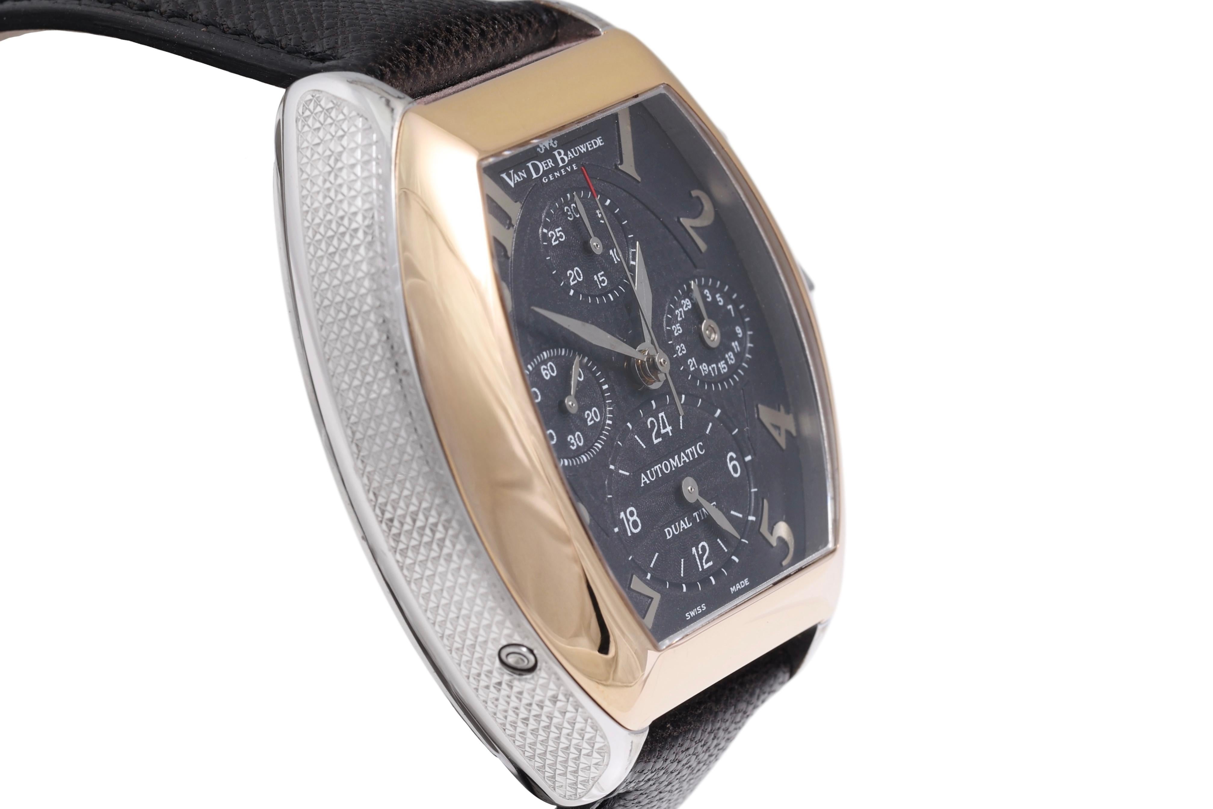 18 Kt Gold & Steel Van Der Bauwede Automatic Dual Time Chronograph BNIB Watch For Sale 3